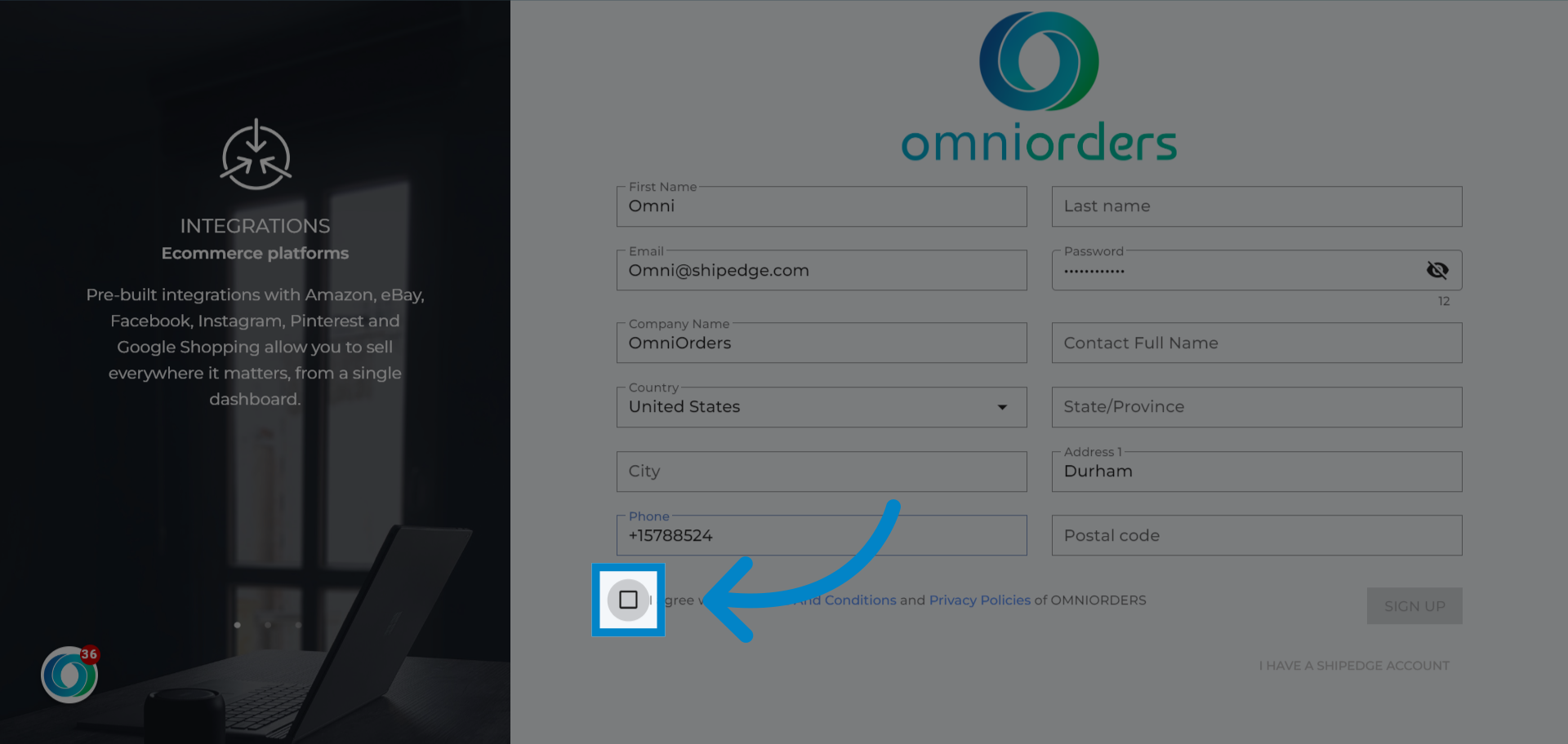 The last step is to agree with all Terms and conditions and Privacy policies with OMNIORDERS