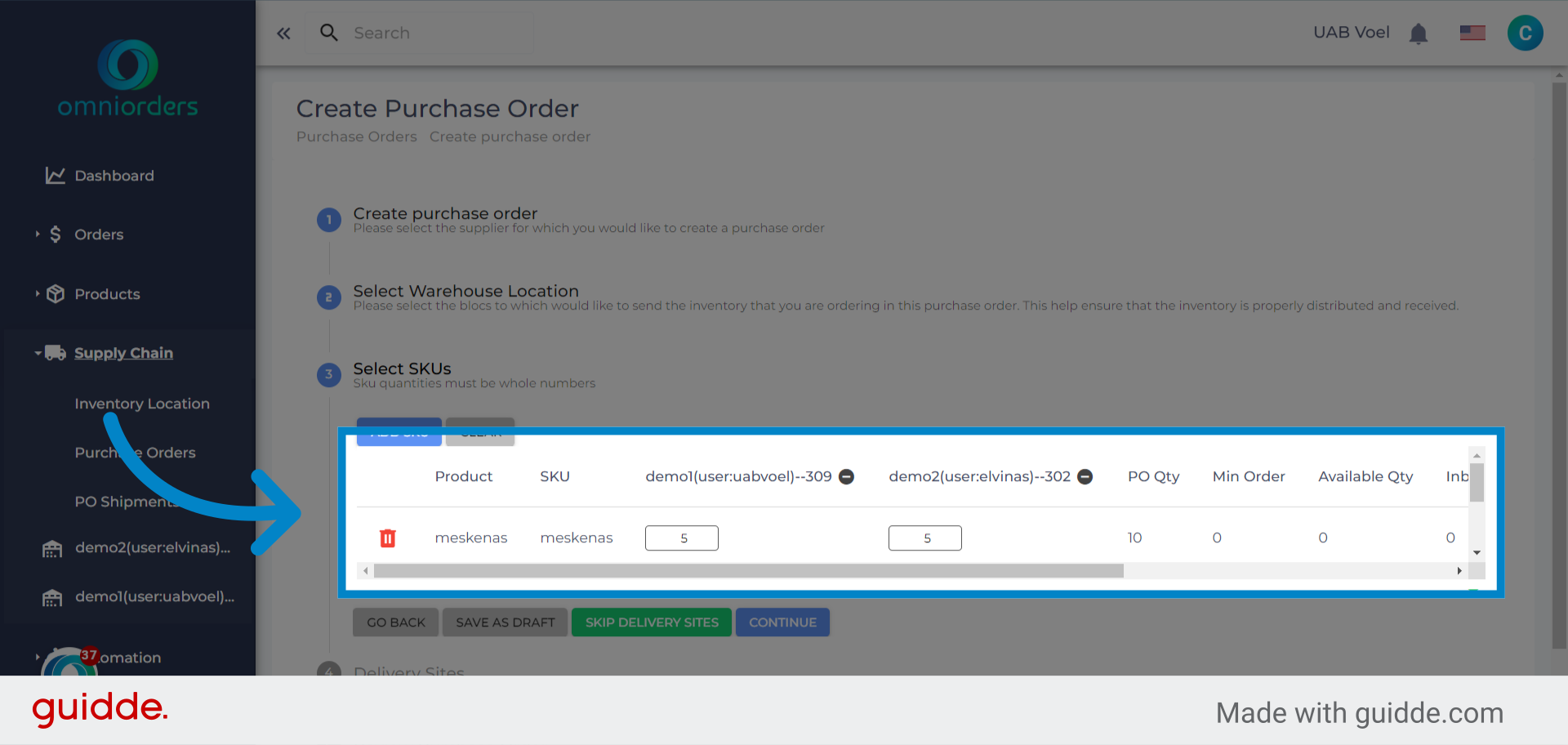 Click 'ProductSKU demo1(user:uabvoel)--309  demo2(user:elvinas)--302 PO QtyMin OrderAvailable QtyInboundReorder pointVelocityCostSub Totalmeskenasmeskenas 10 00000 $ 0.00 suosuo 10 00000 $ 0.00 vienaviena 1...'