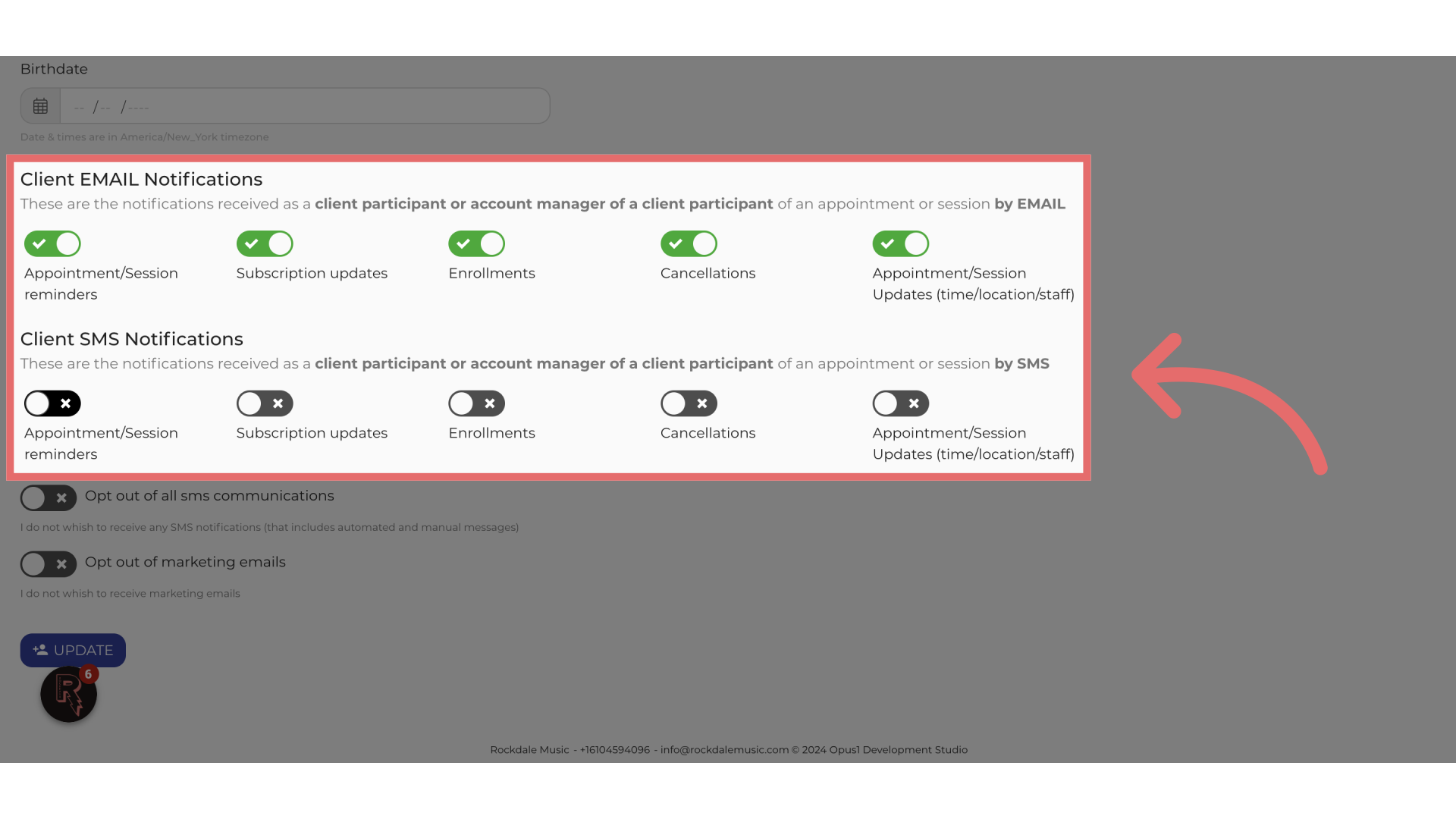 Toggle each checkbox to turn on/off Email and SMS notifications. 