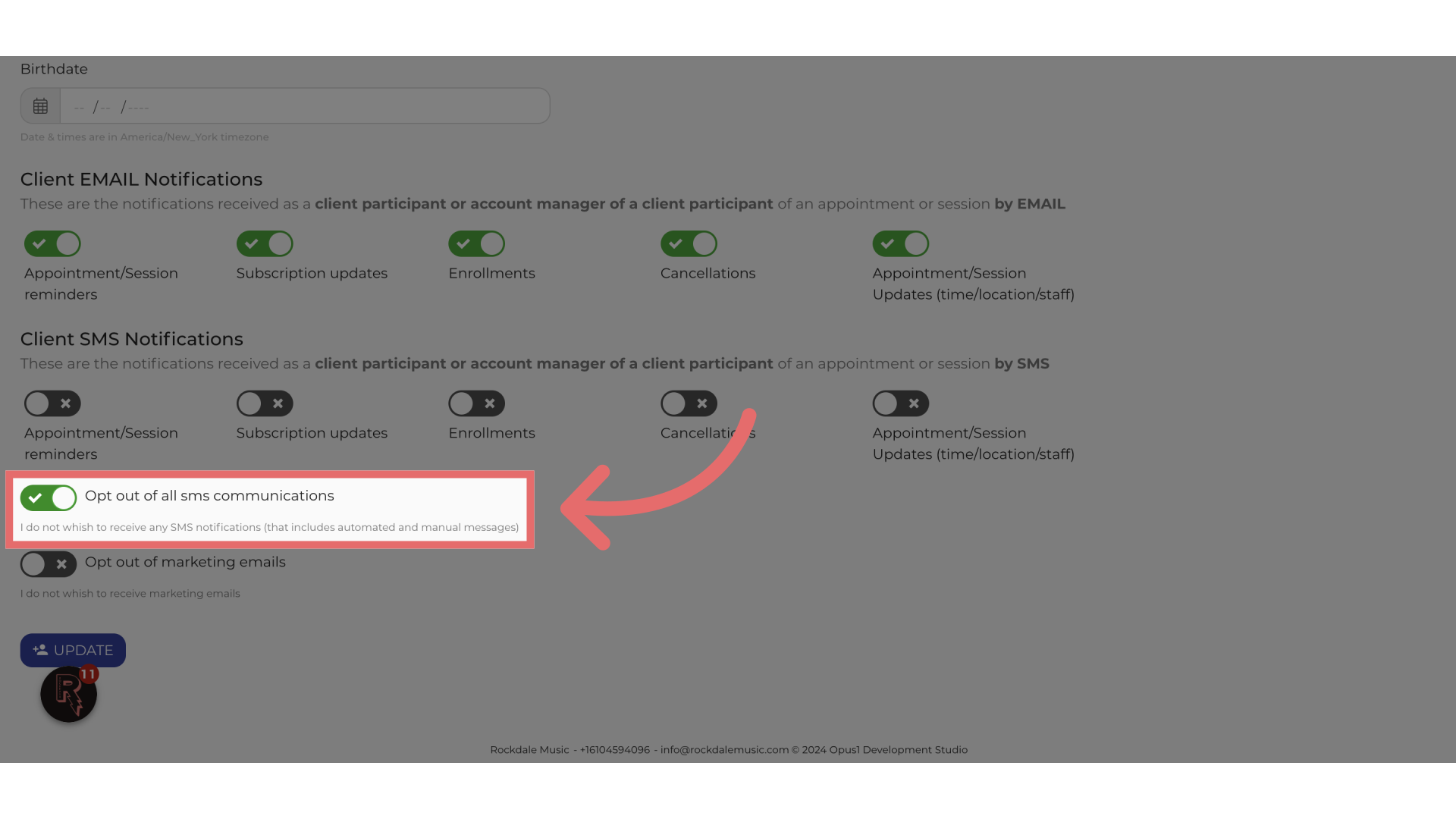 Toggle the checkbox to opt in/out of SMS communications. 