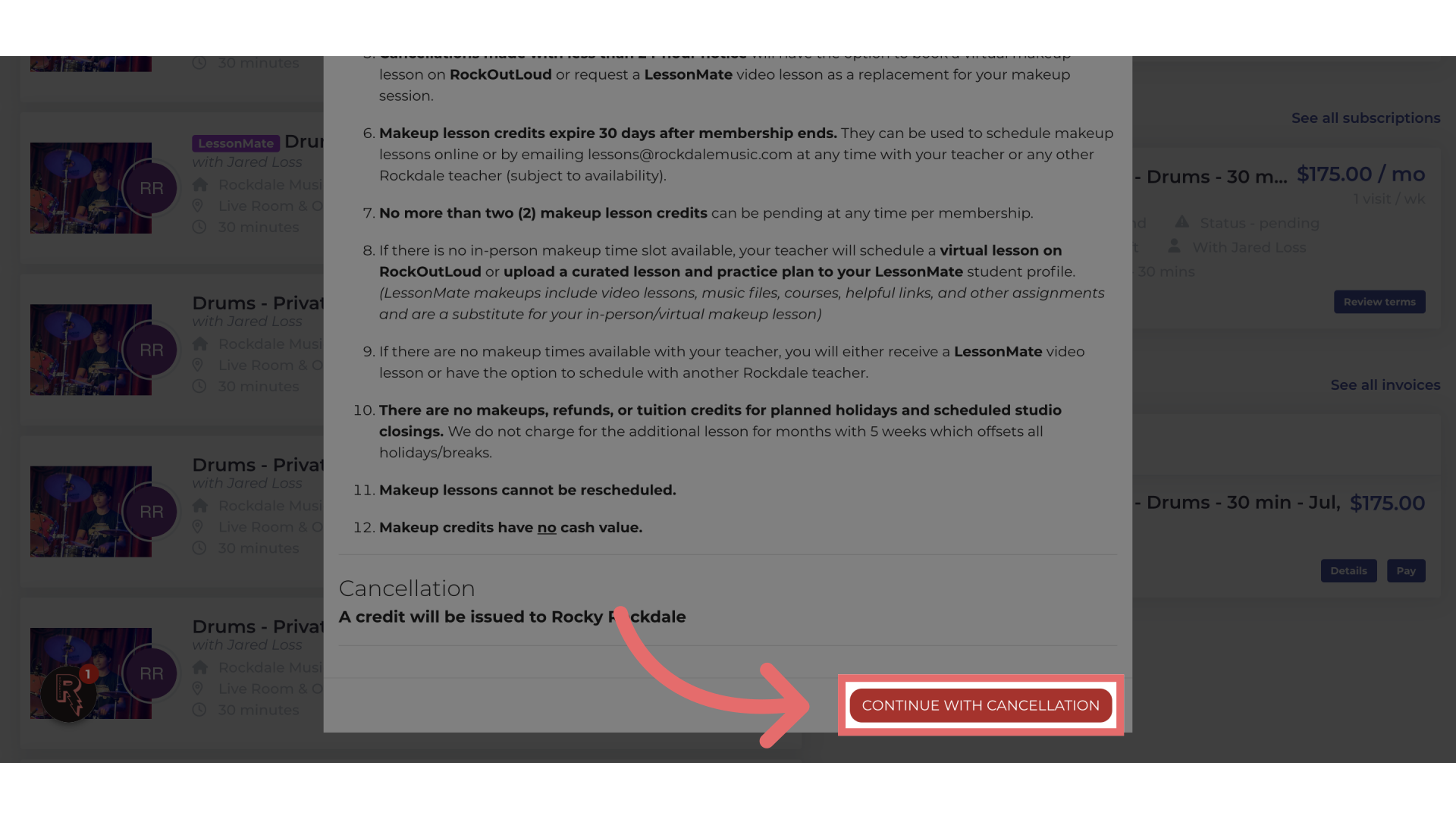 Review the terms and conditions and confirm the cancellation by clicking 'Continue with Cancellation'.