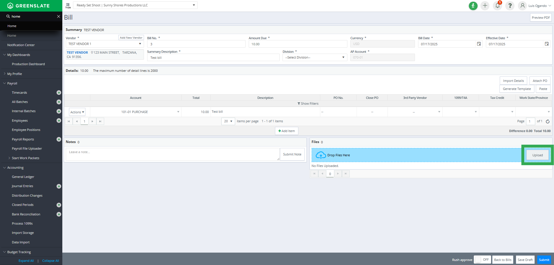 Click on the 'Upload' Button to Add the Purchase Order Backup