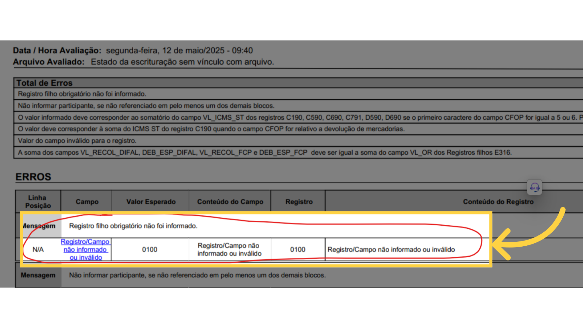 Erro 'Registro filho obrigatório não foi informado.' registro 0100