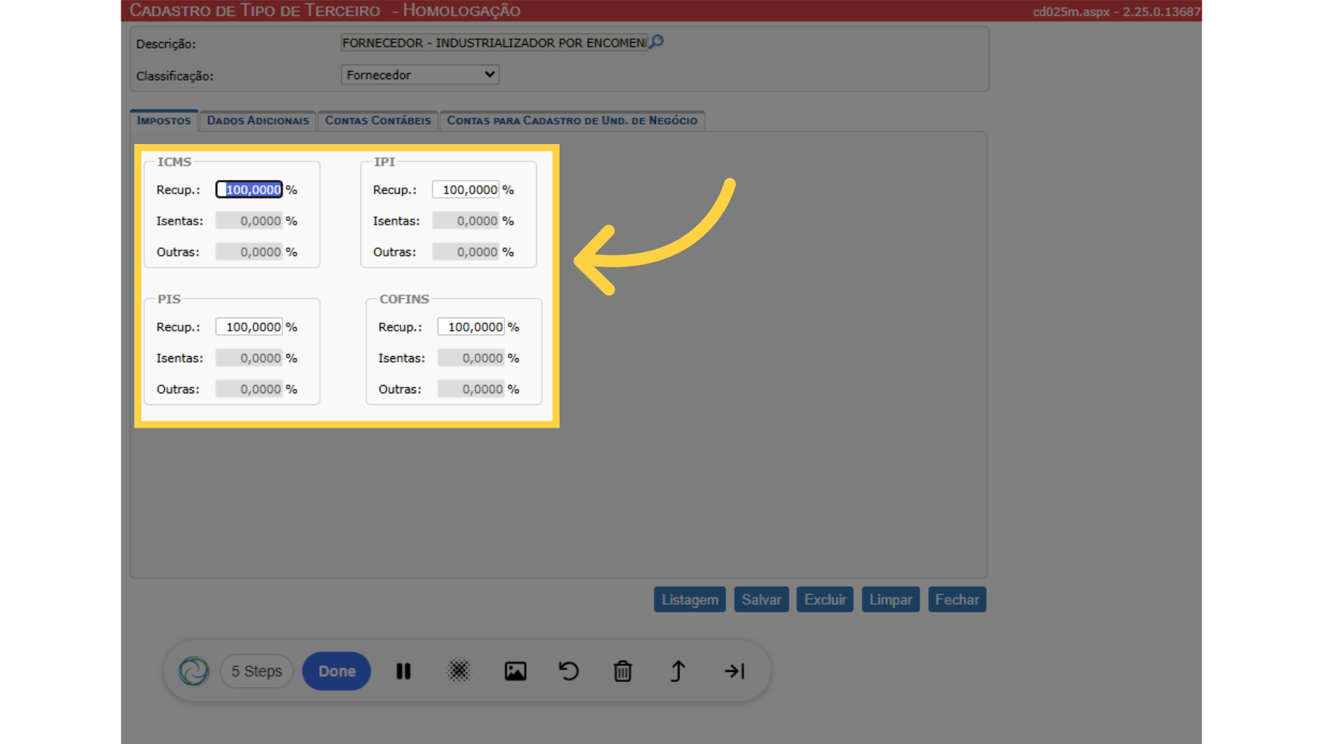 Configura a aba IMPOSTOS