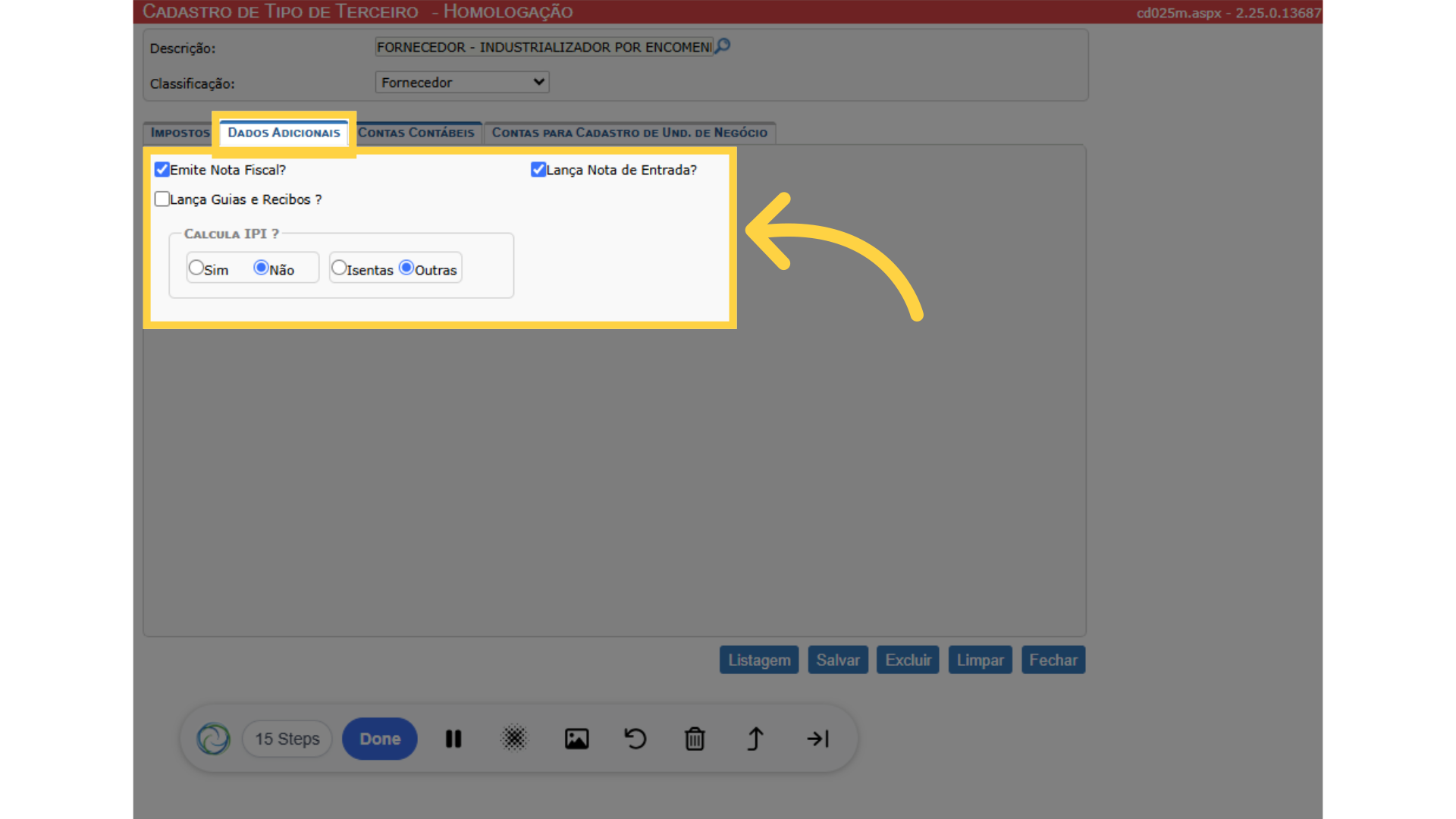Configure a aba de Dados Adicionais