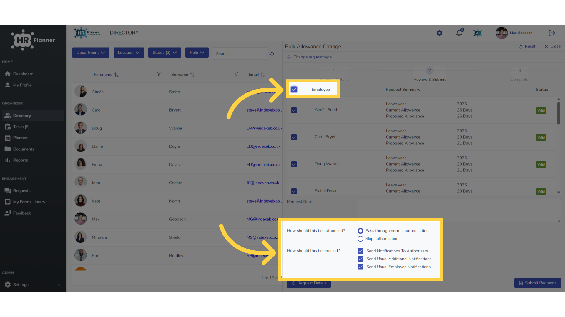 Select employees and notifications