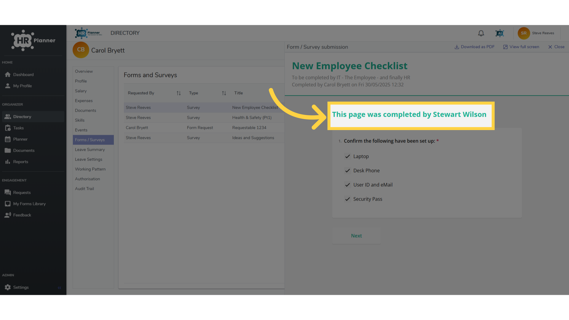 View the completed form