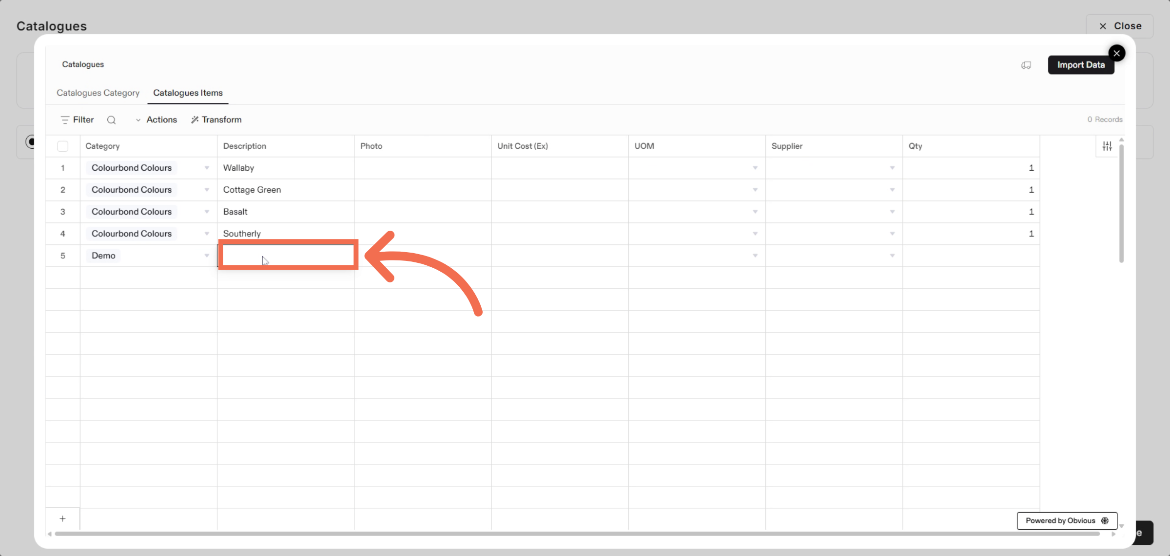 Enter New Item Description