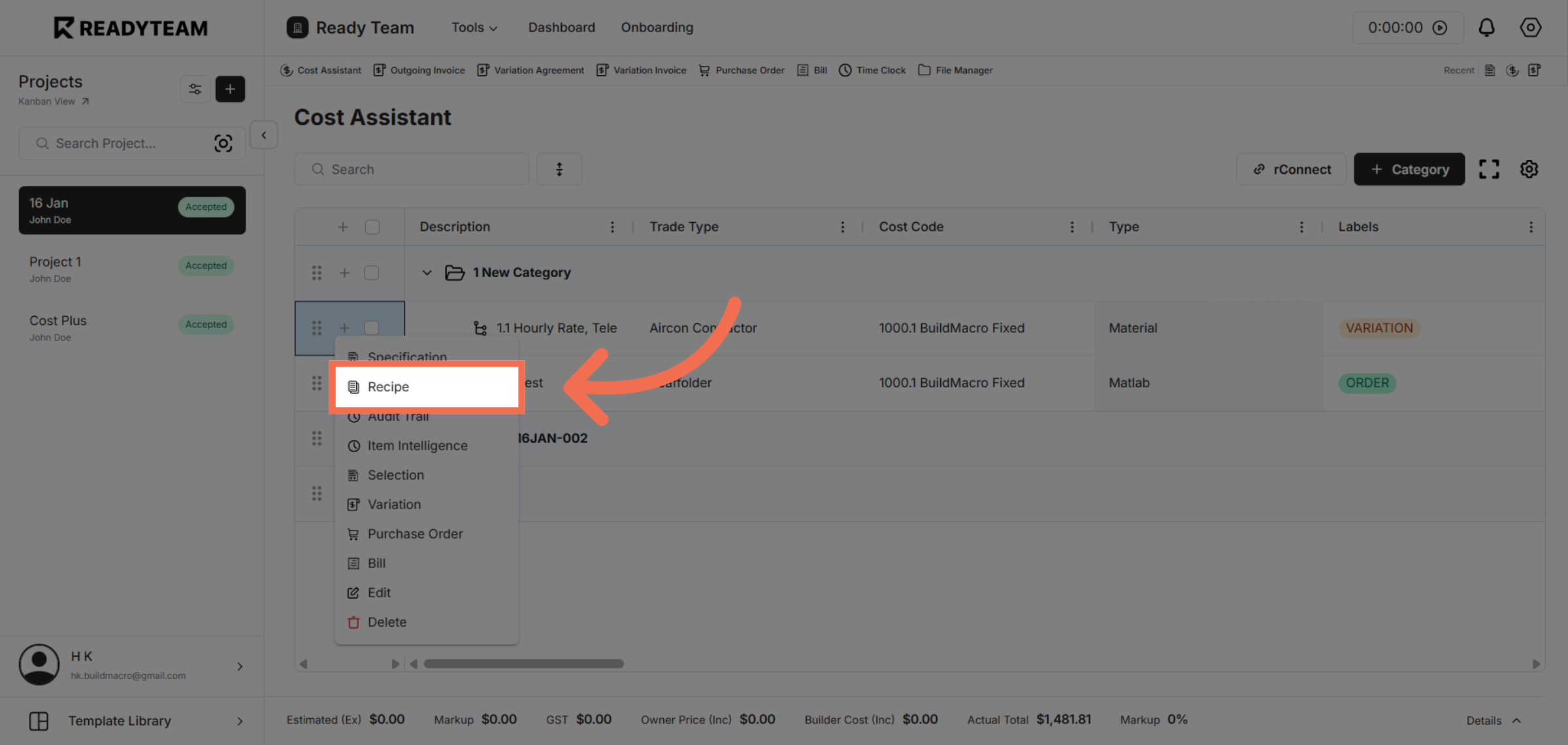 Select Recipe Option