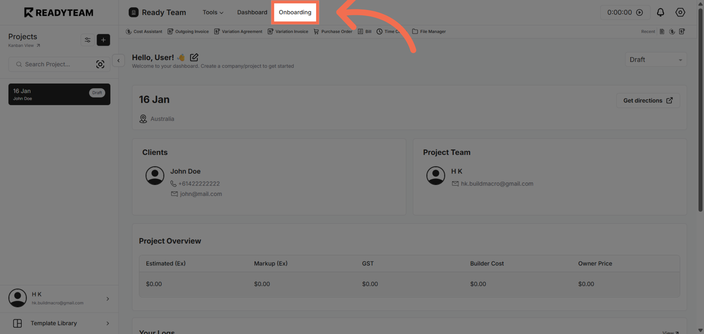 Navigate to Onboarding Section