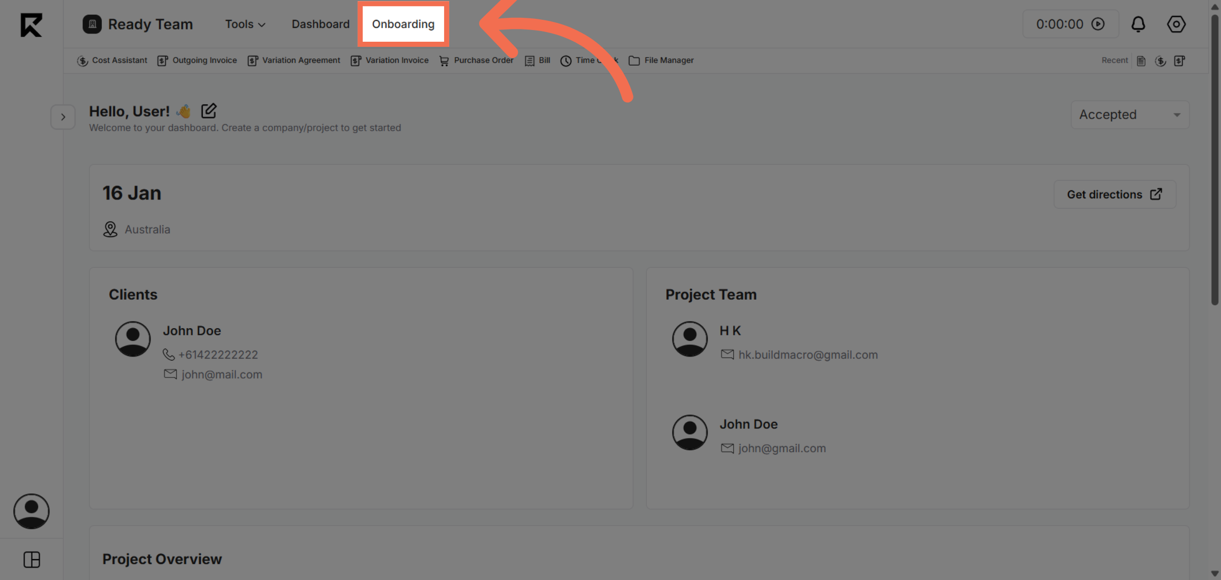 Navigate to Onboarding Section