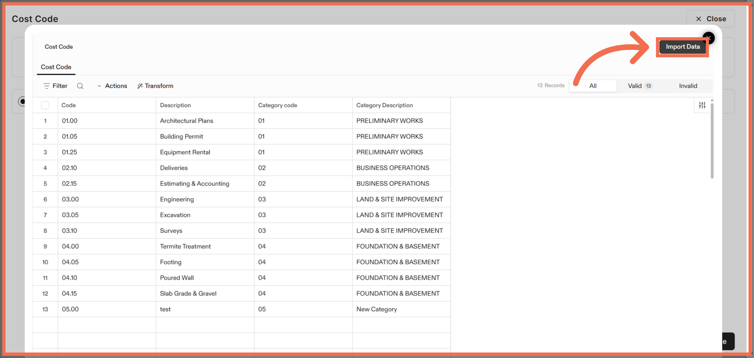 Import Cost Code Data