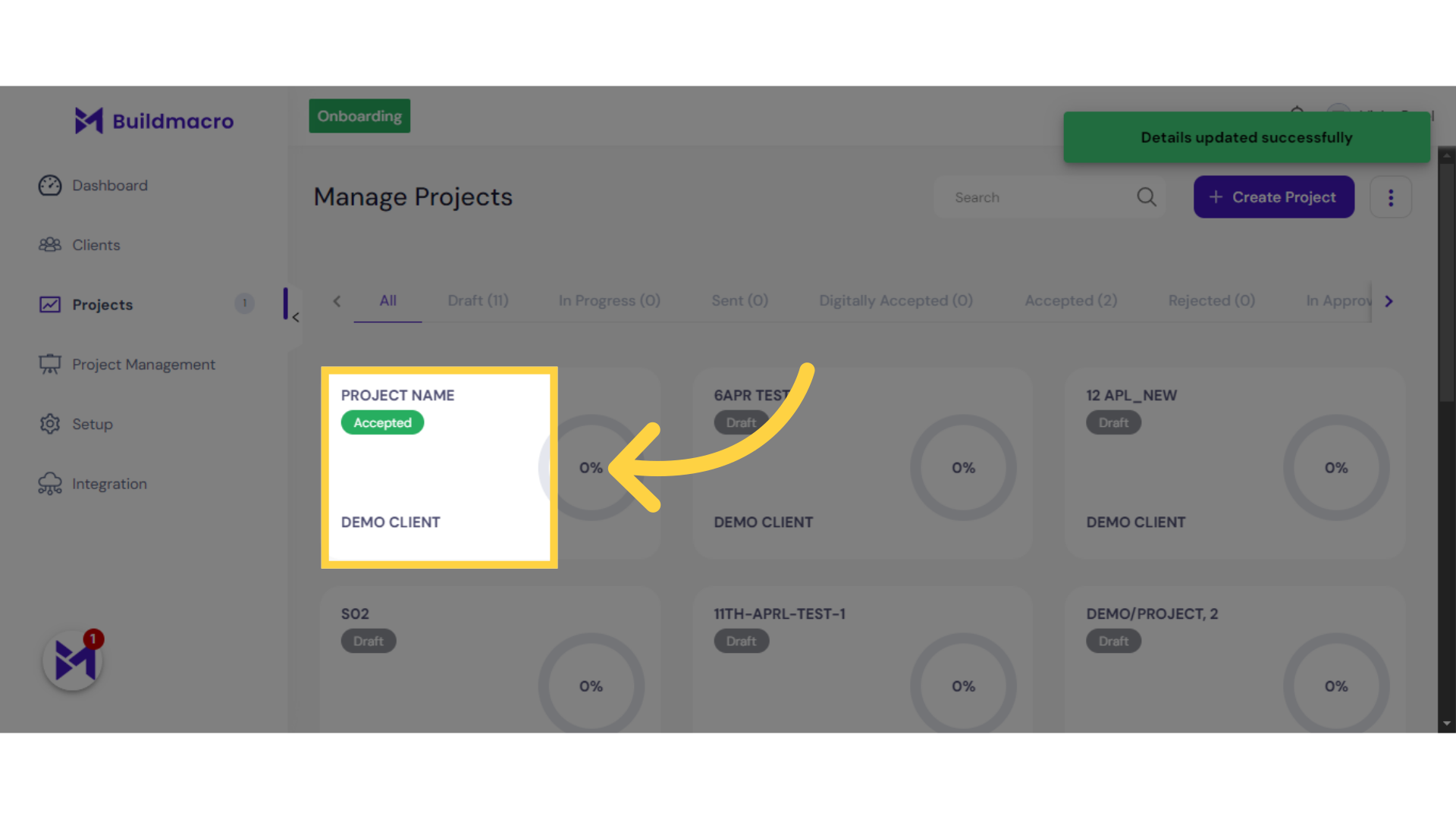 Click 'Project Name Accepted  Demo Client'