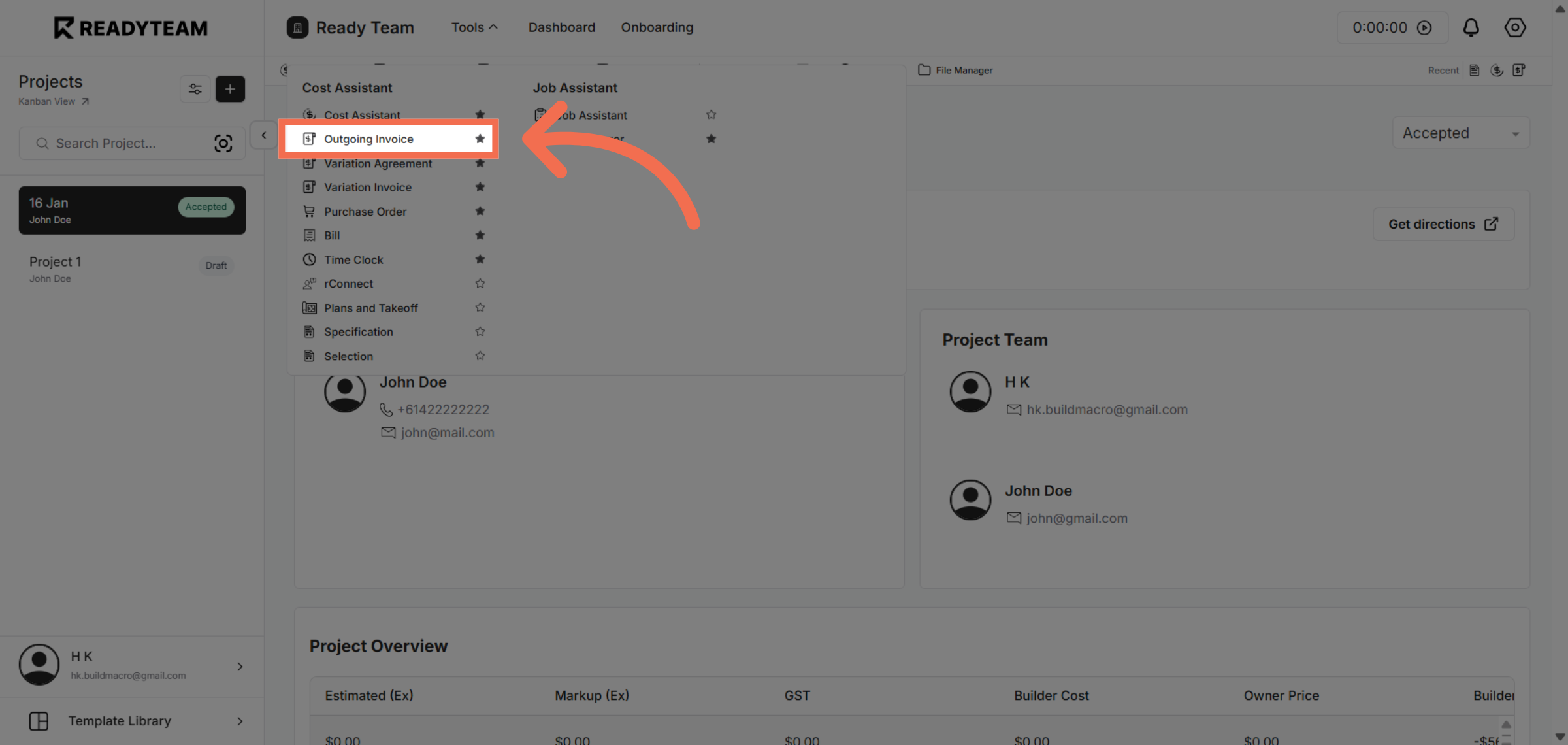 Open Outgoing Invoice Section