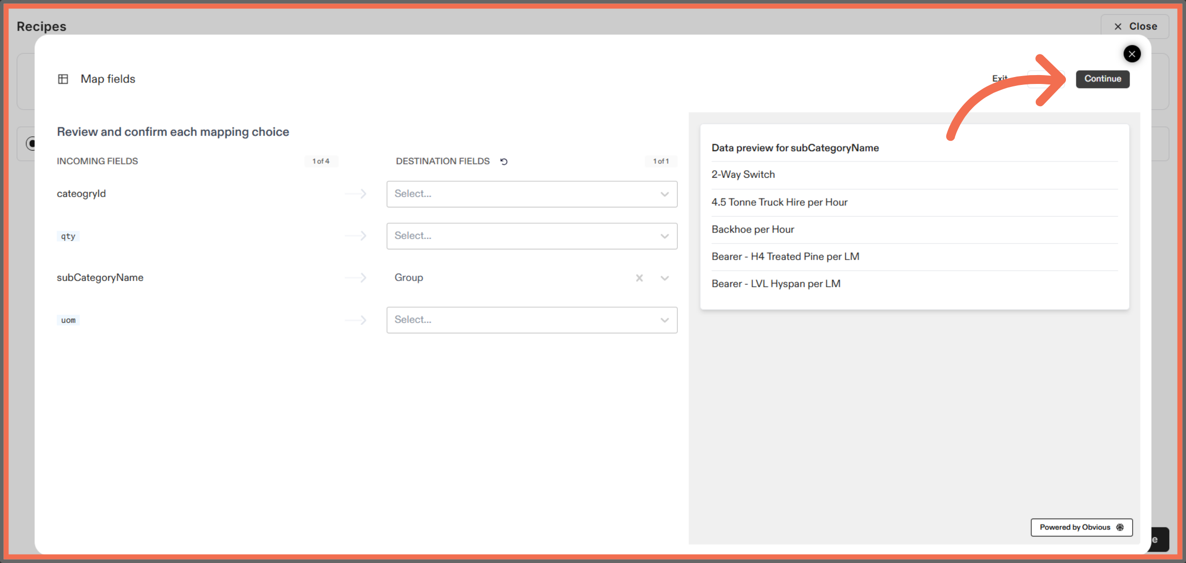Map Data fields and Continue 