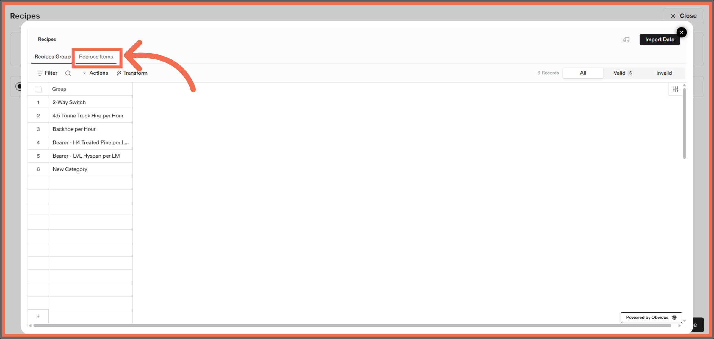 Open Recipe Items Tab