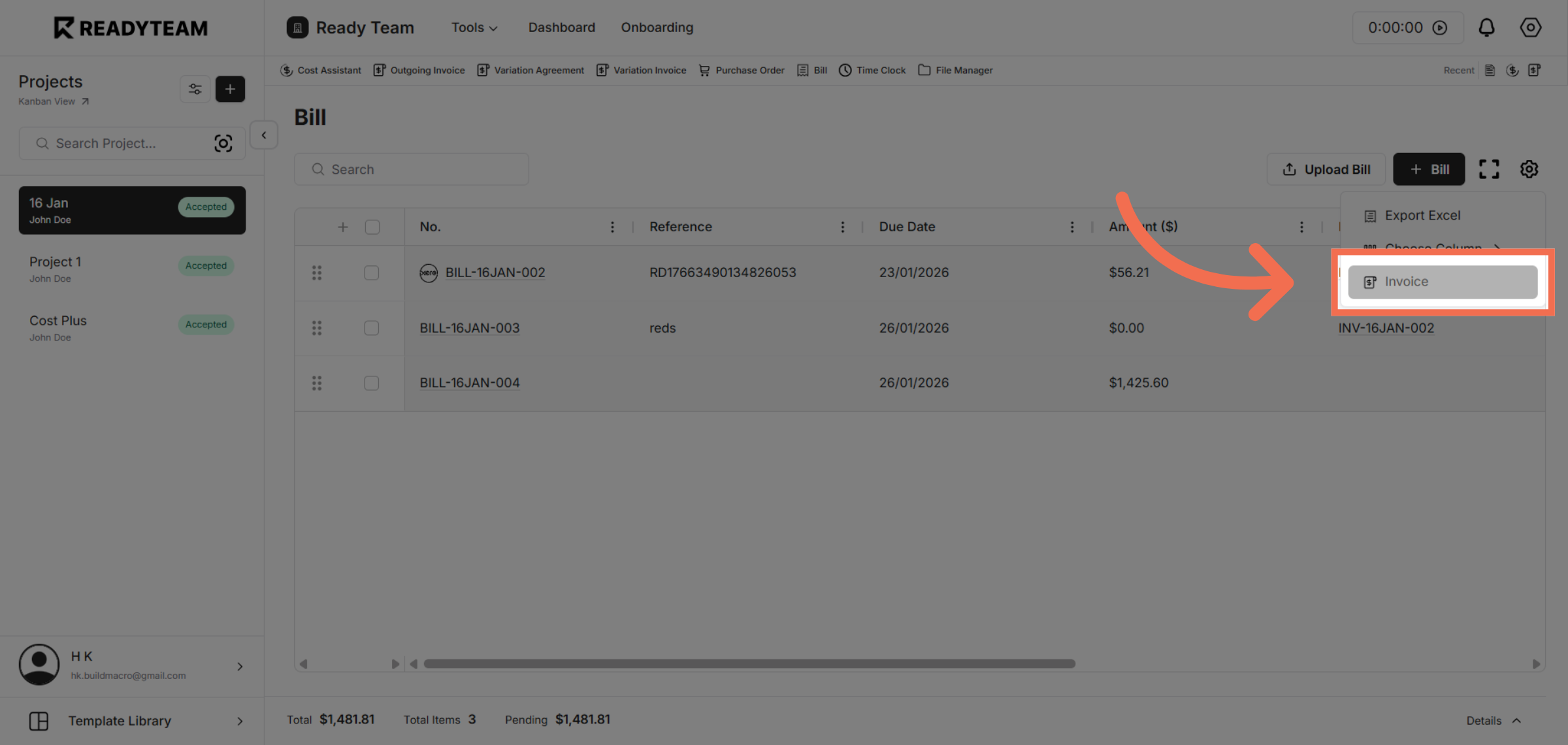 Open Invoice Section