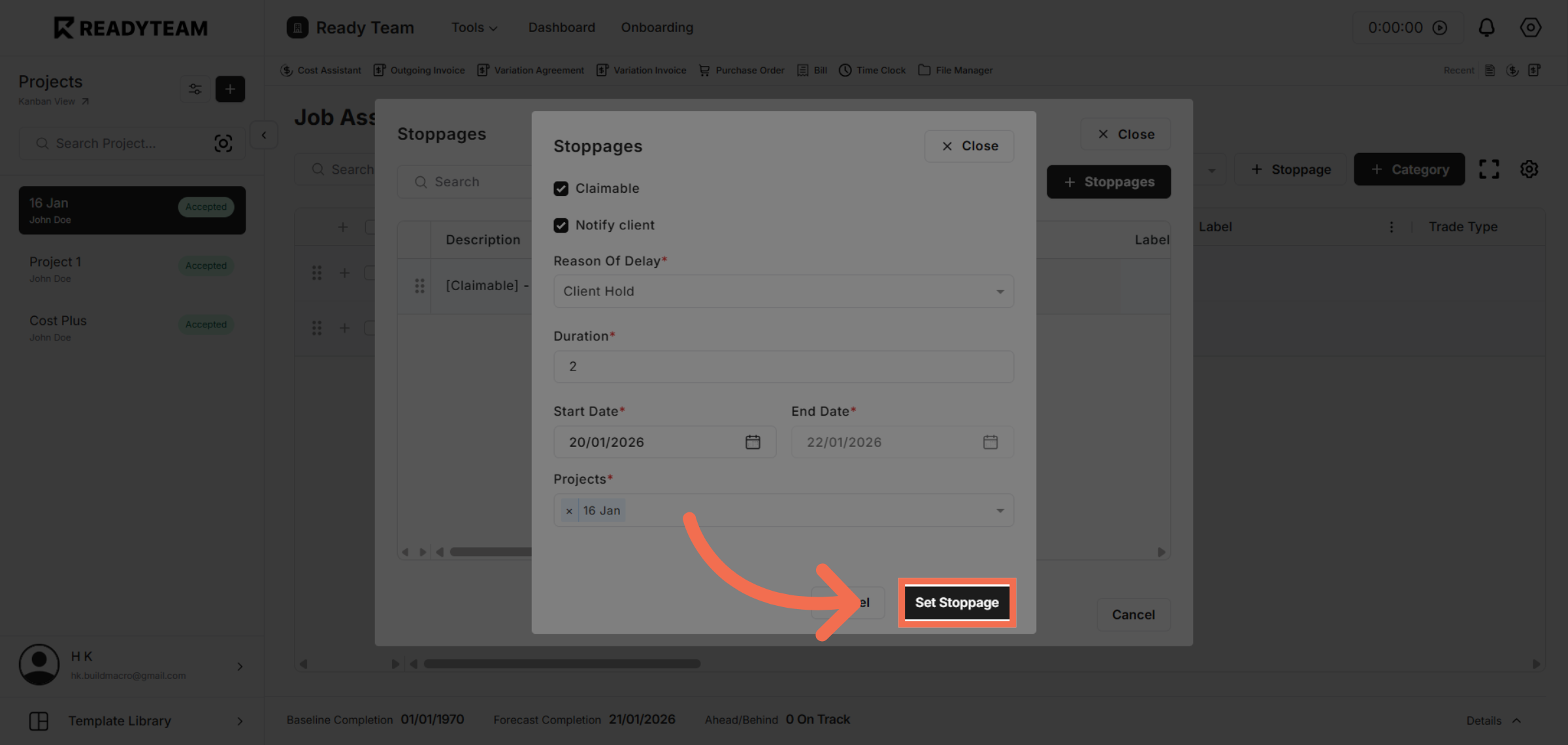 Confirm Stoppage Setup