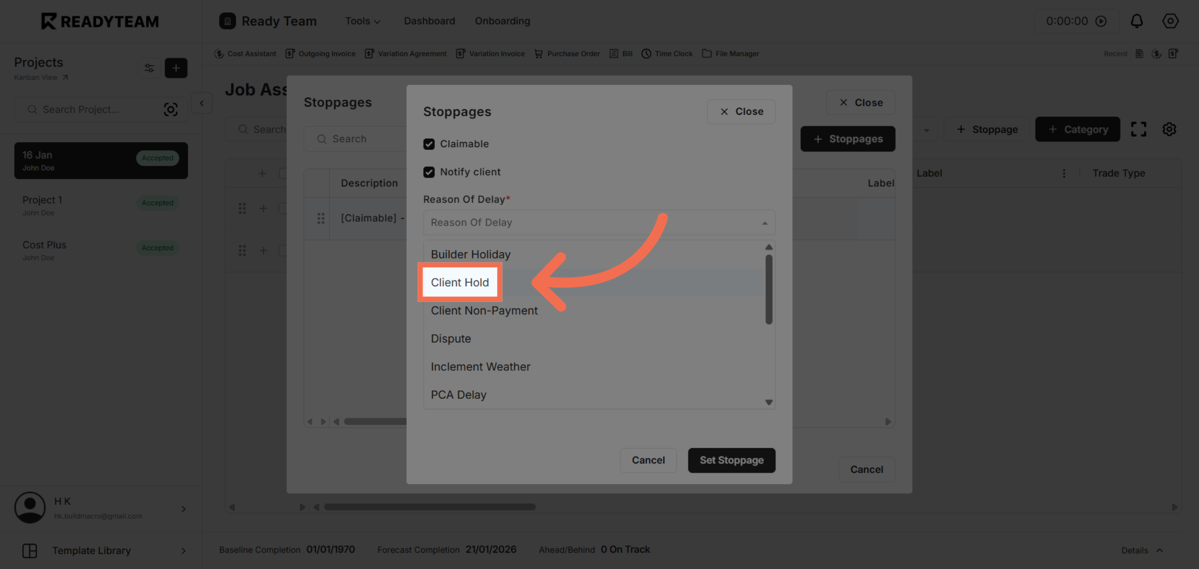 Select Stoppage Reason