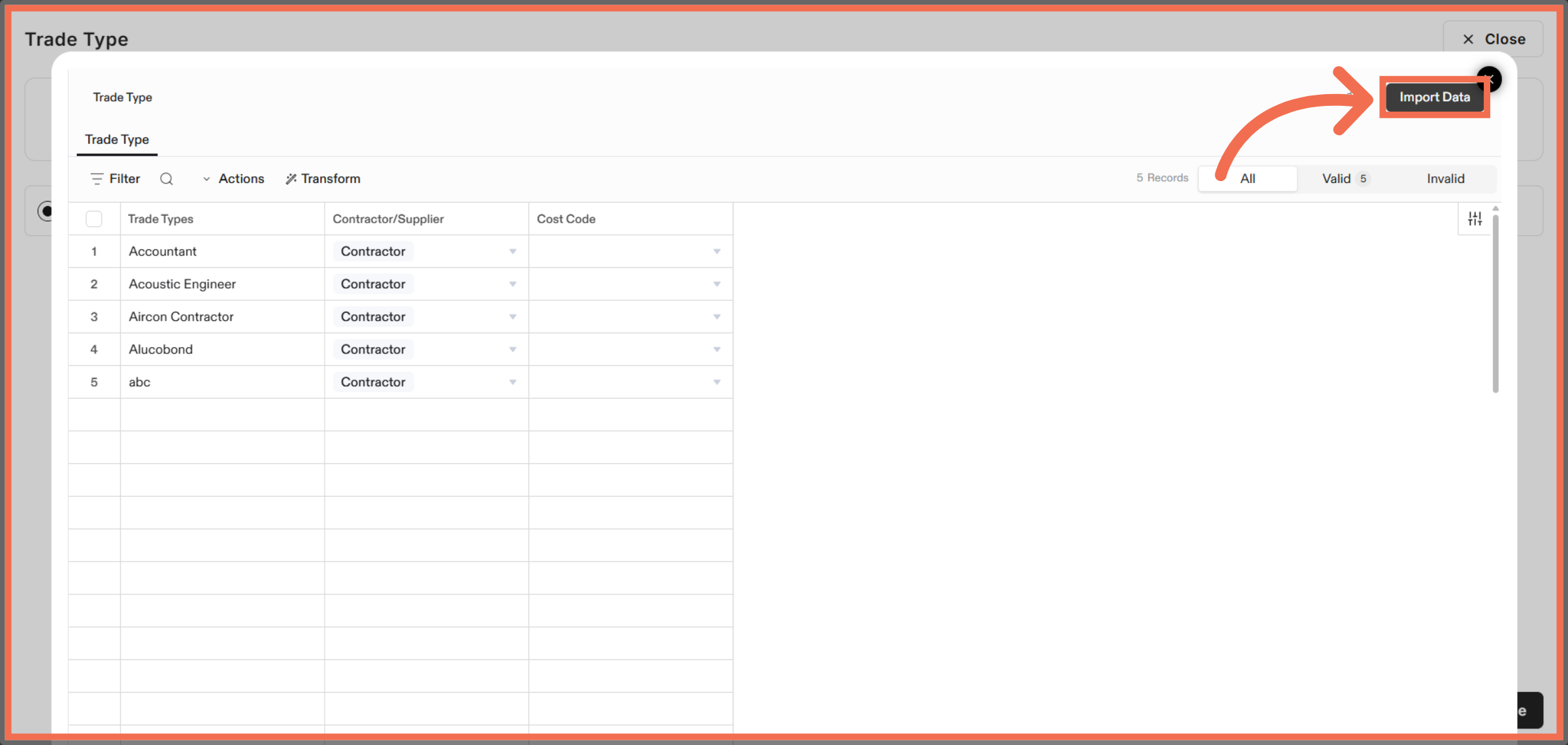 Import Trade Type Data