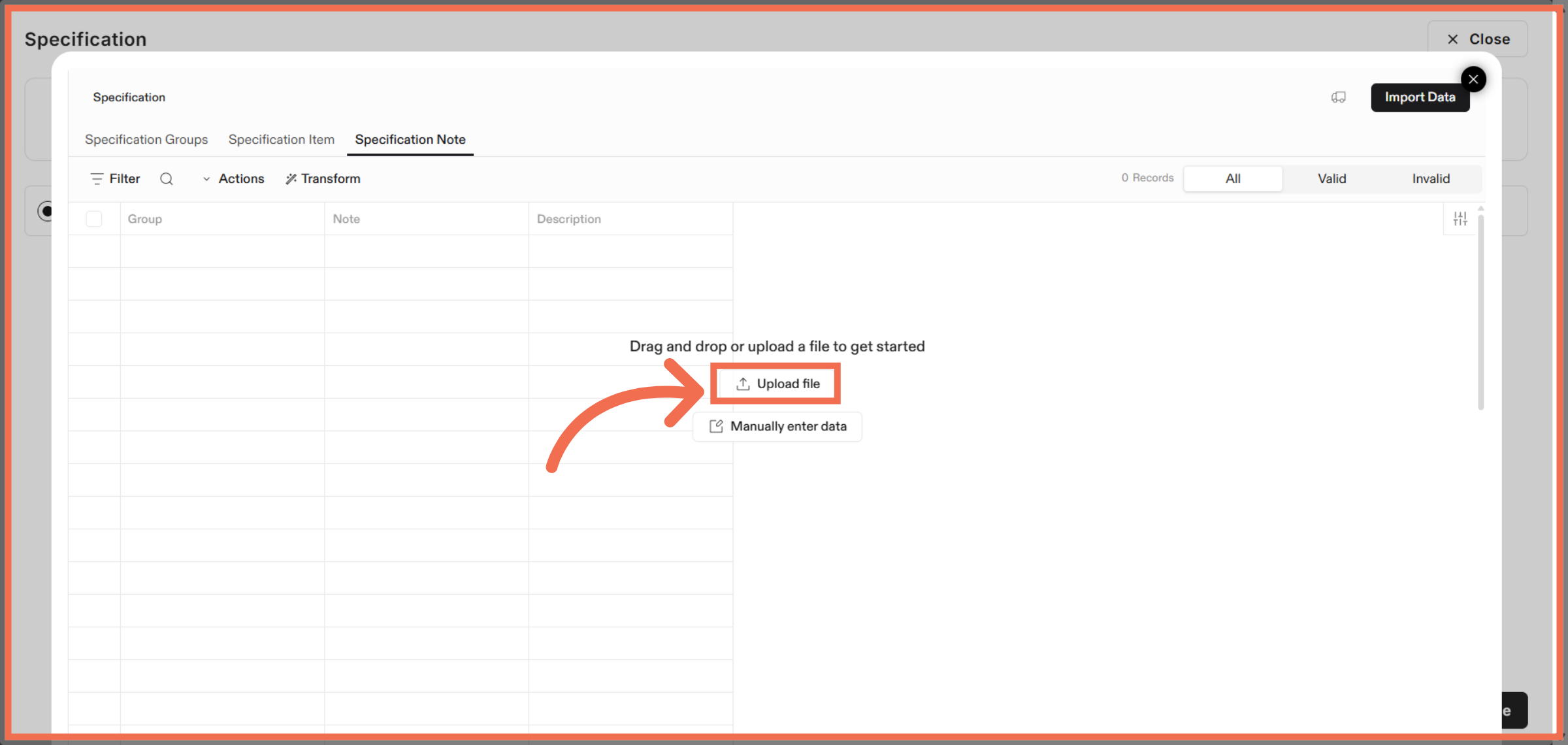 Upload Specification Notes File