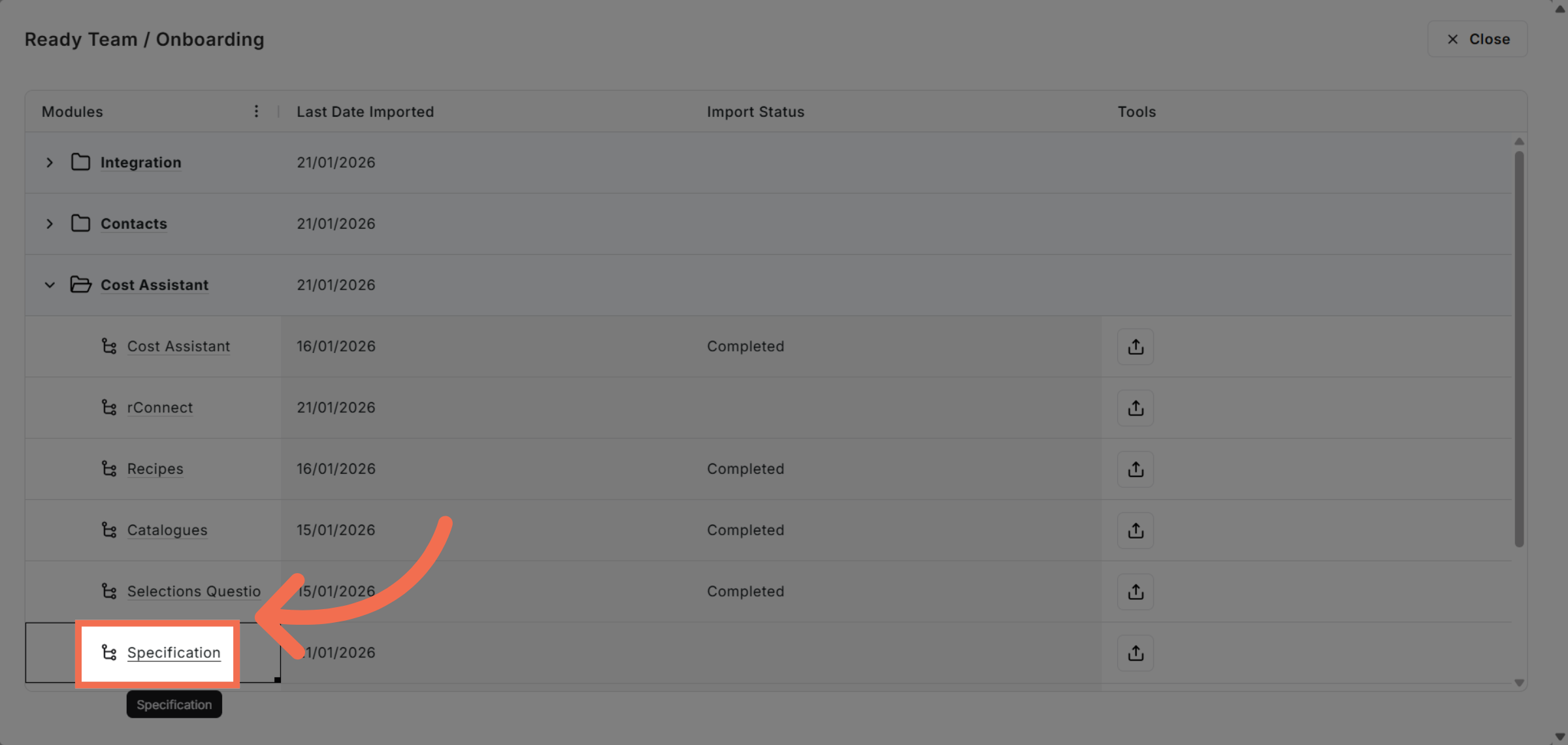 Open Specification Tab
