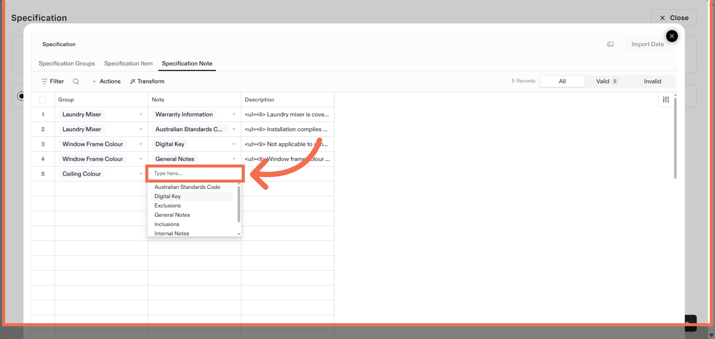 Select Specification Note