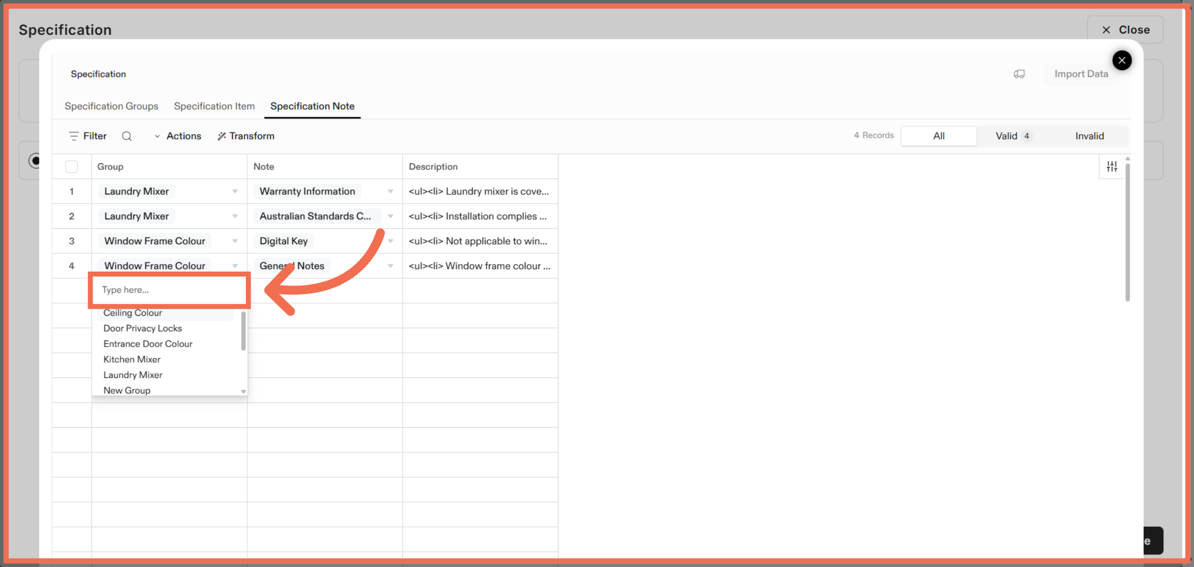 Select Specification Group