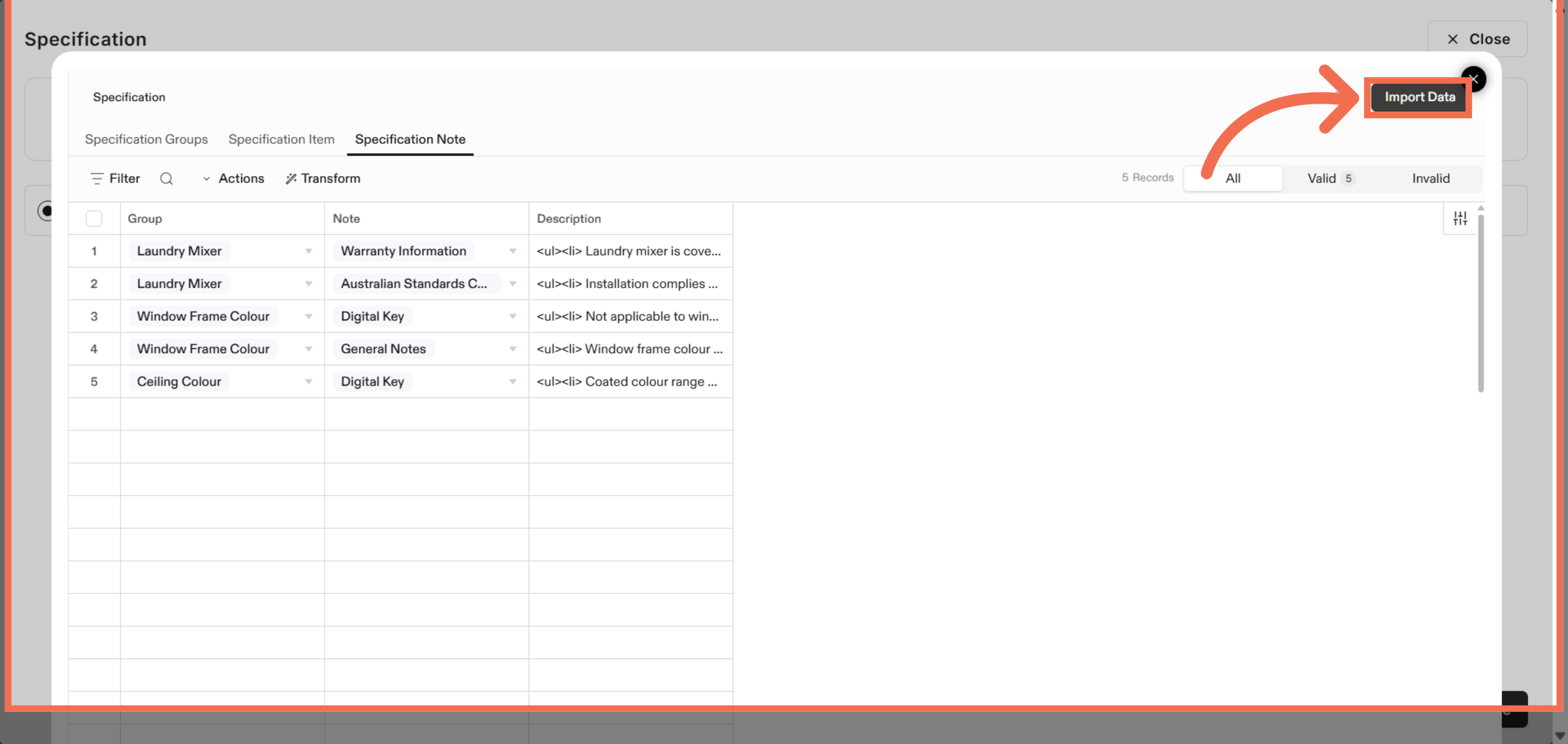 Import Specification Data