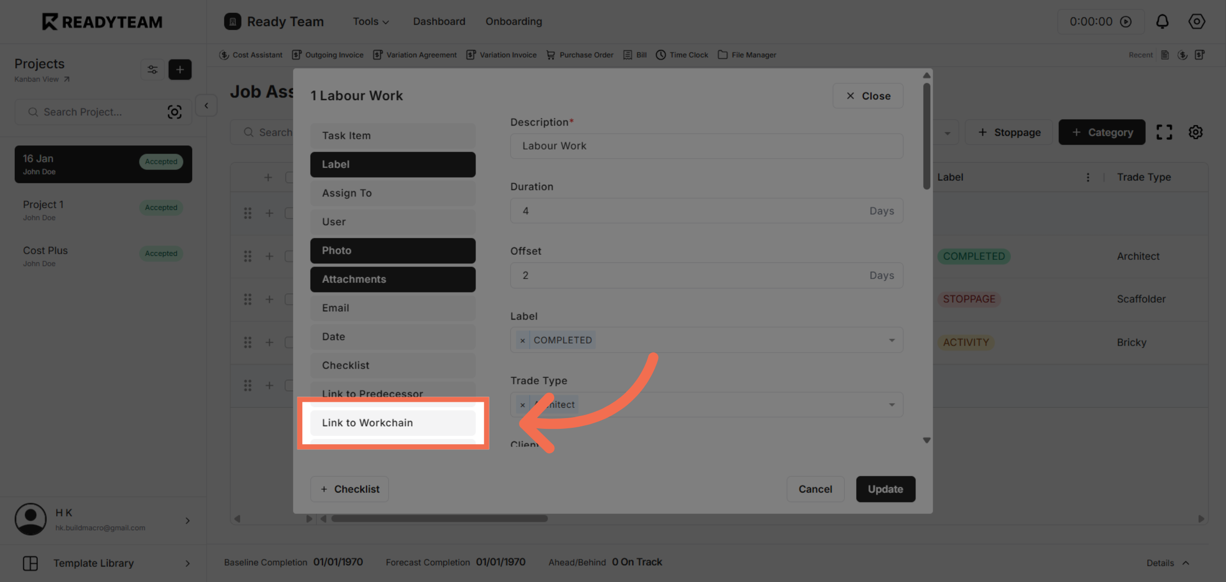 Select Link to Workchain
