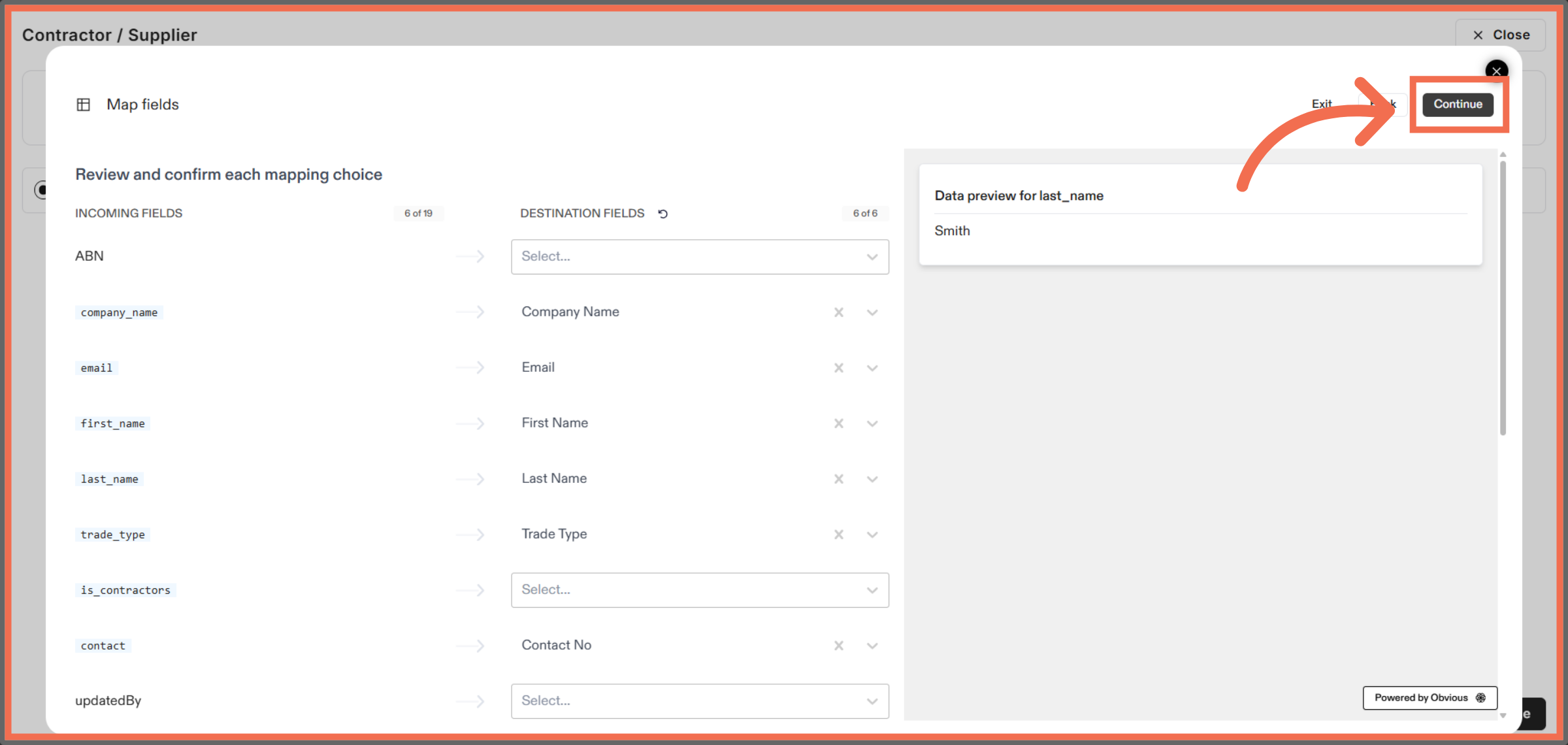 Map Data Fields and Continue Import Process