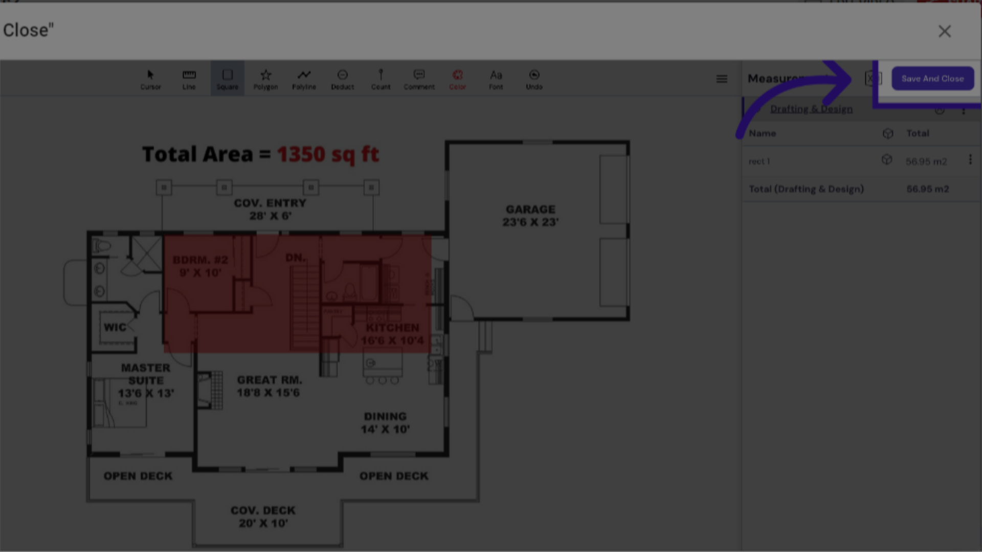 notice your measured area to the right when you are happy save and close