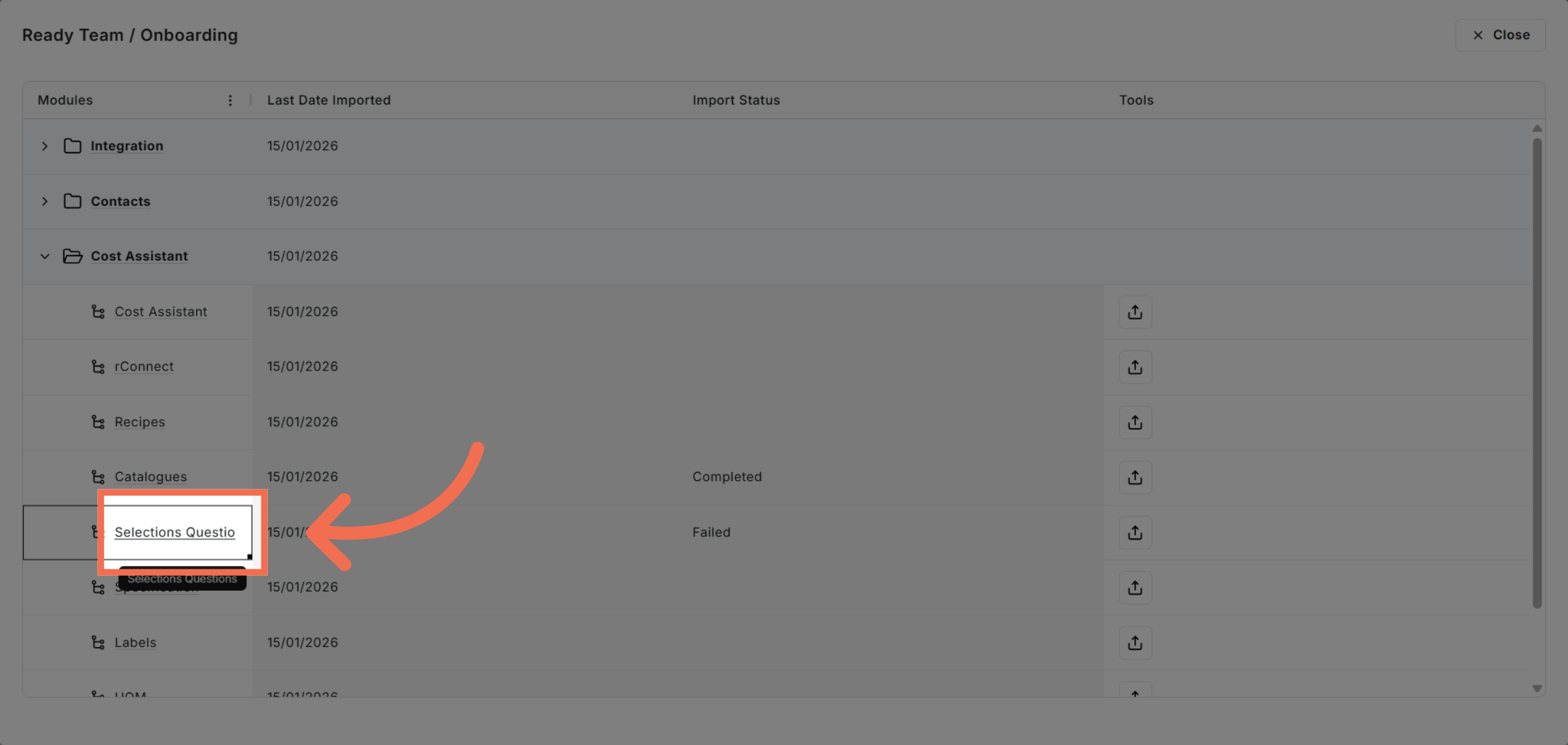 Open Selection Questions Tab