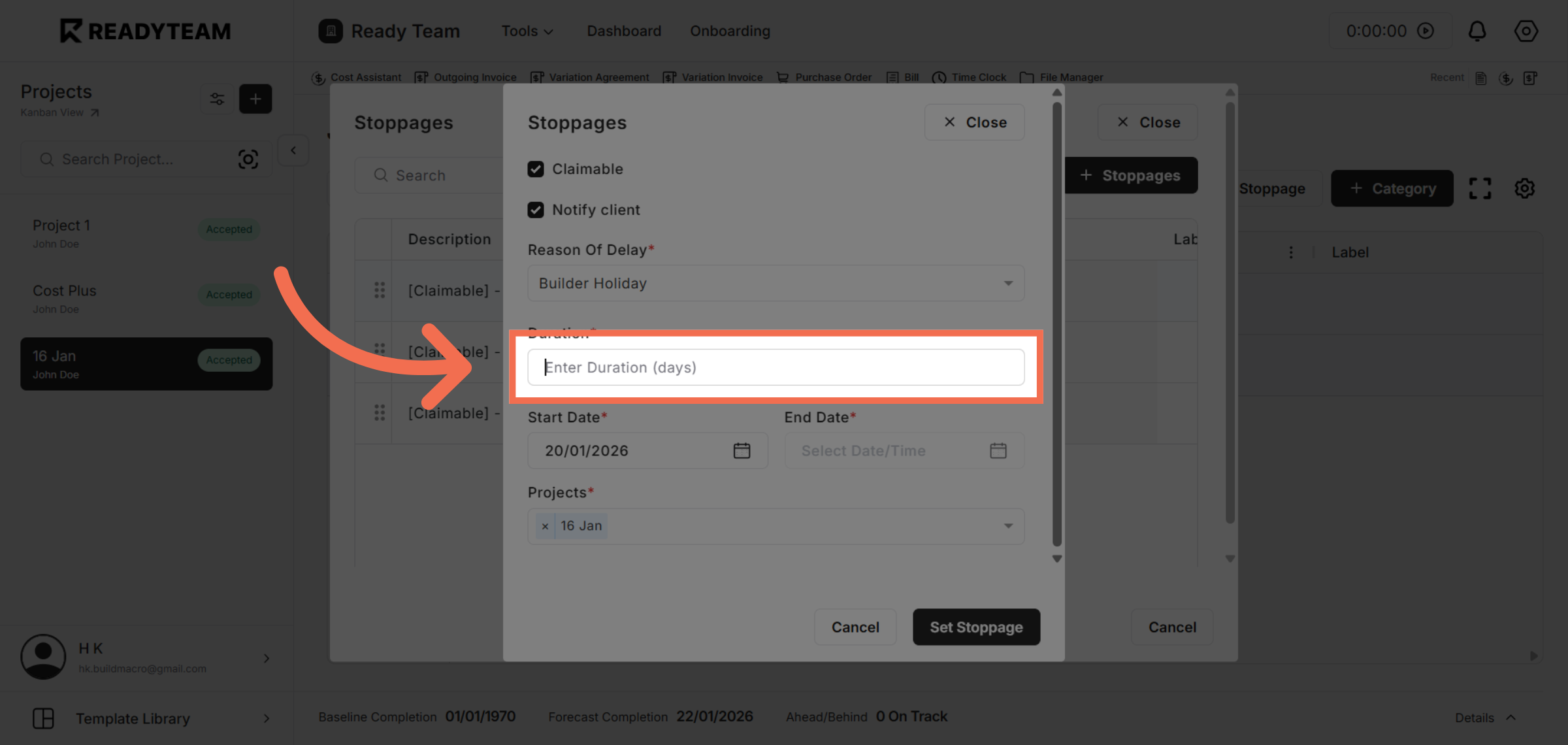Enter Stoppage Duration
