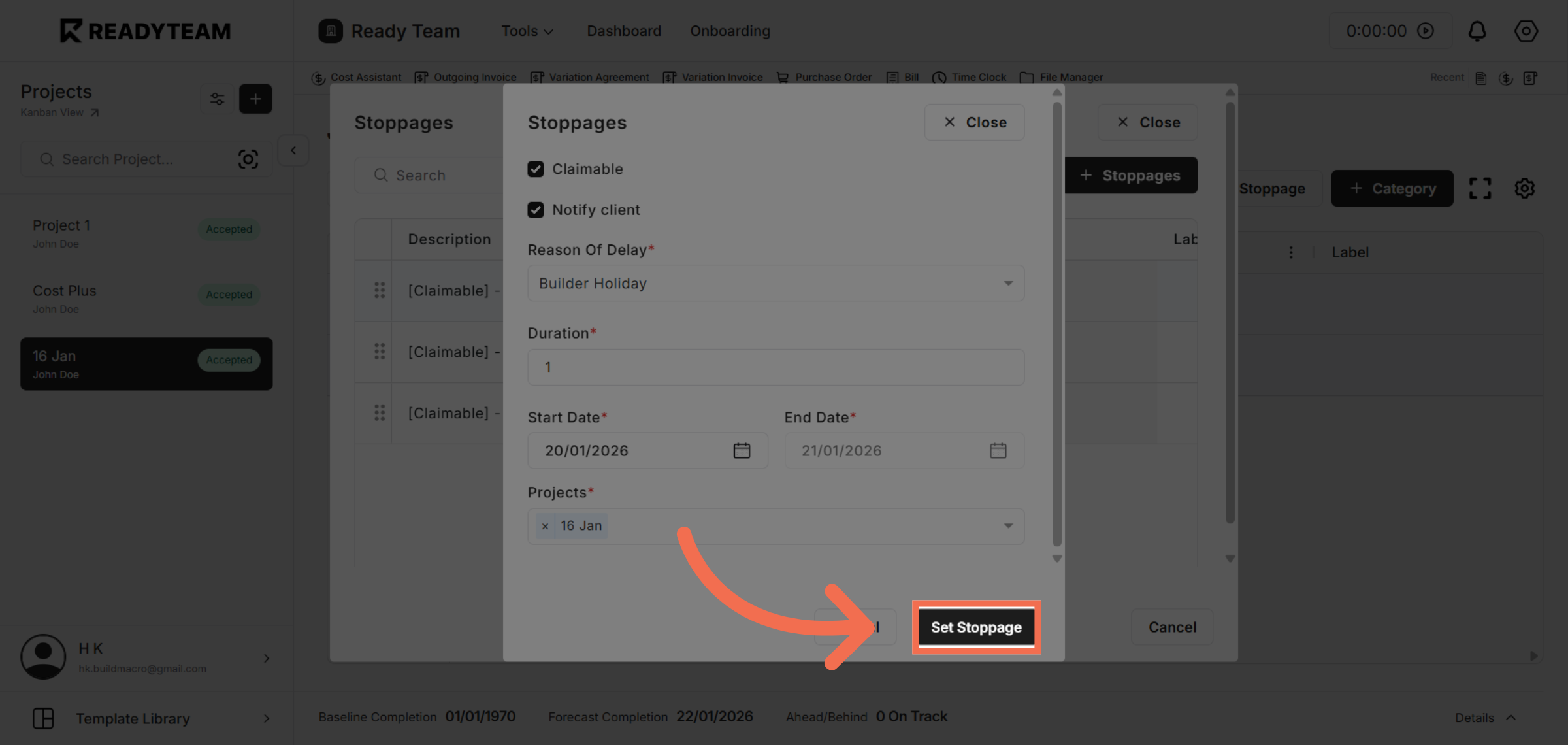 Confirm Stoppage Setup