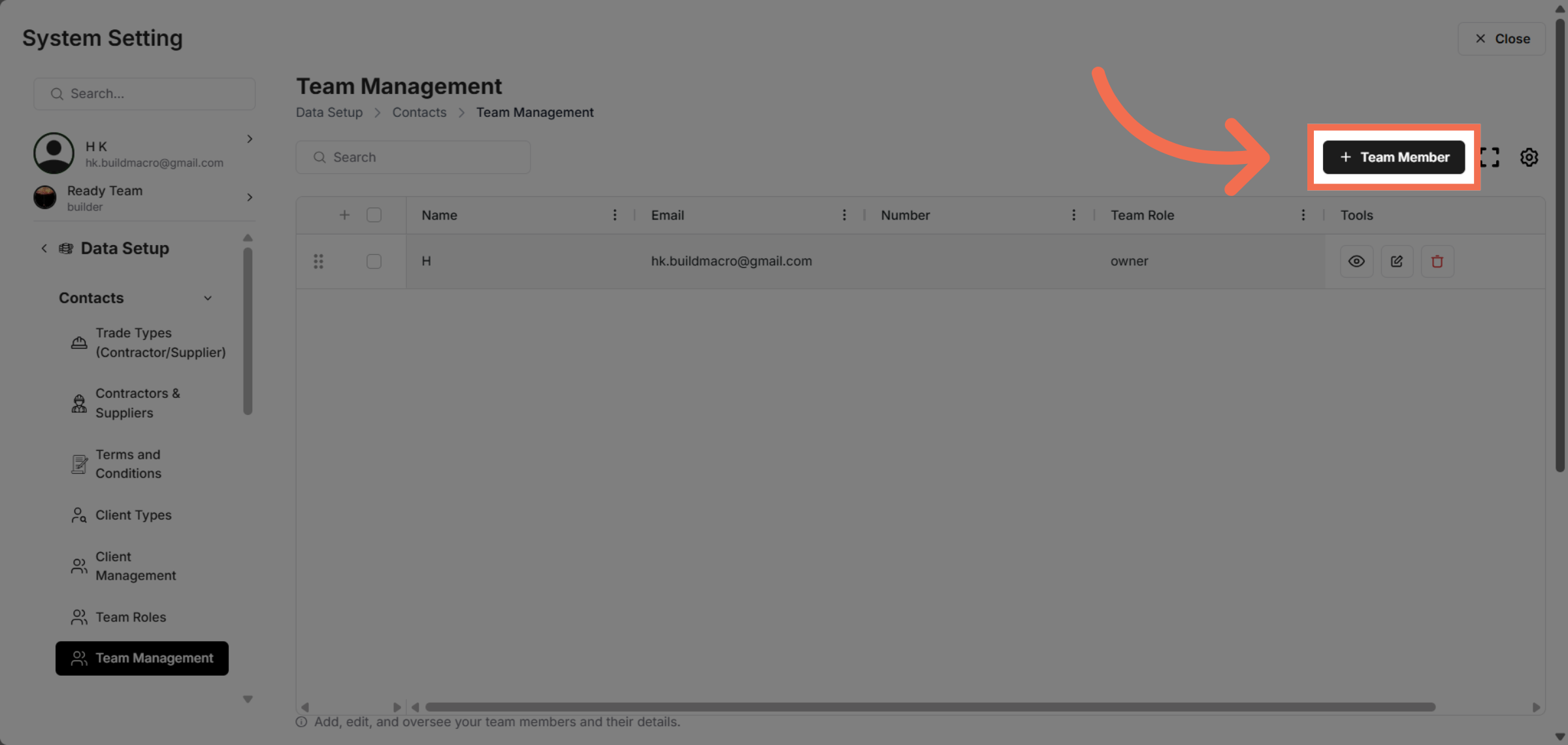 Open Team Member Section