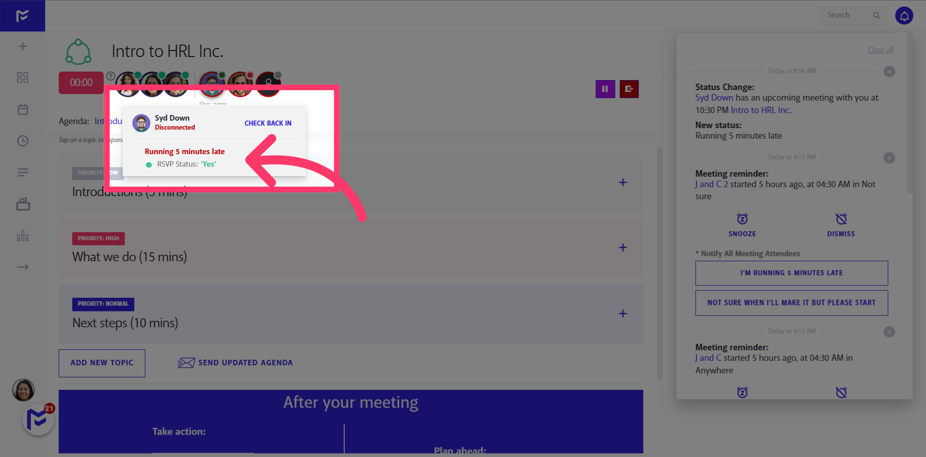 See the attendee's RSVP status and updated meeting status in the modal