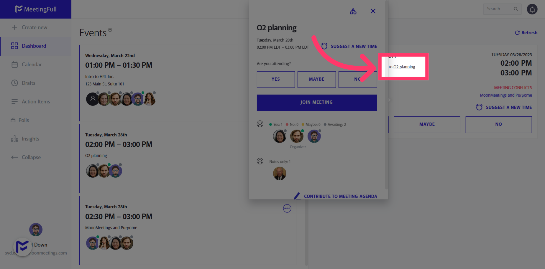 Hover on a meeting preview to view meeting details in your Action Required list