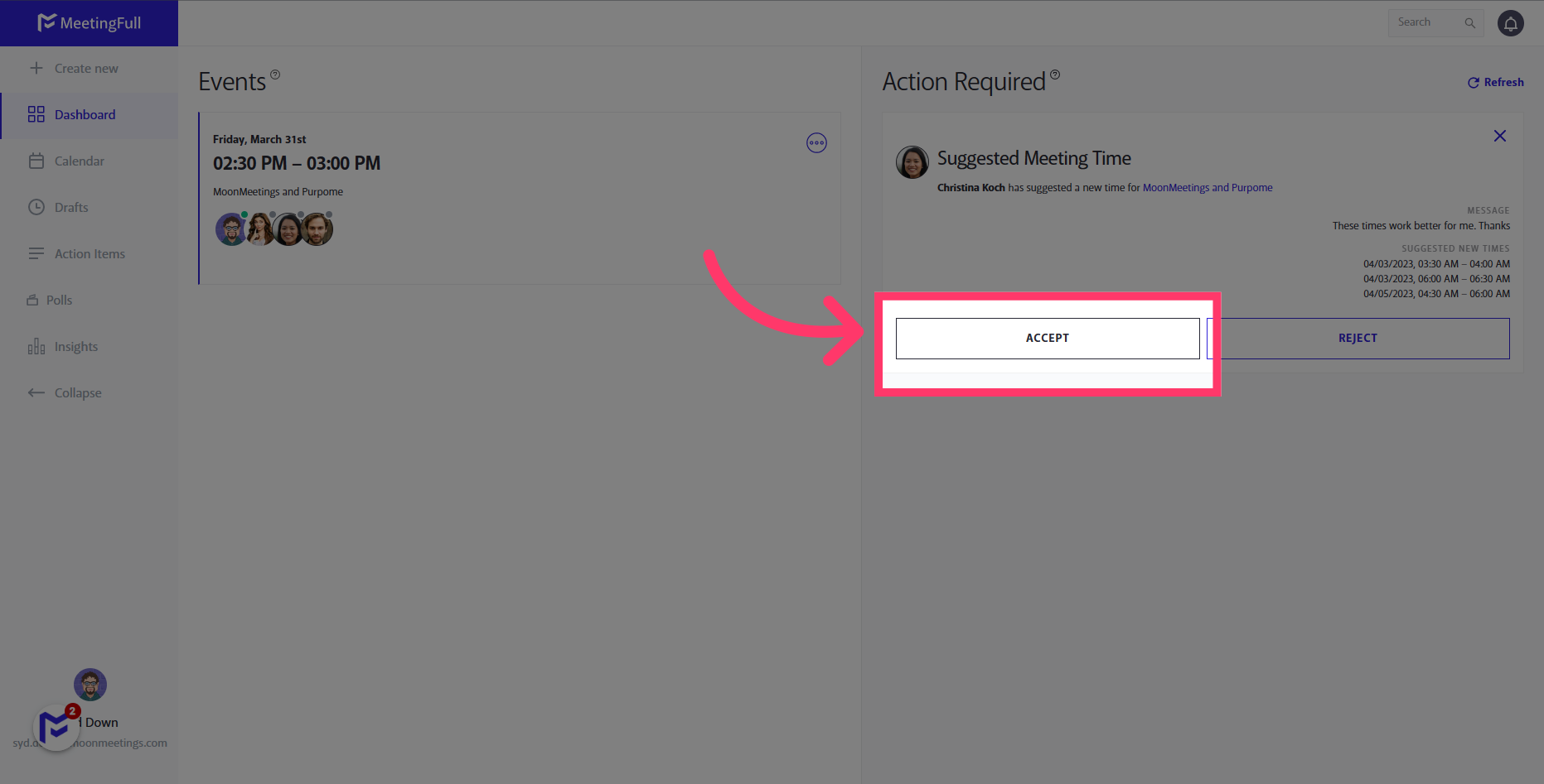 Tap 'Accept' to update the meeting time based on the Suggested times