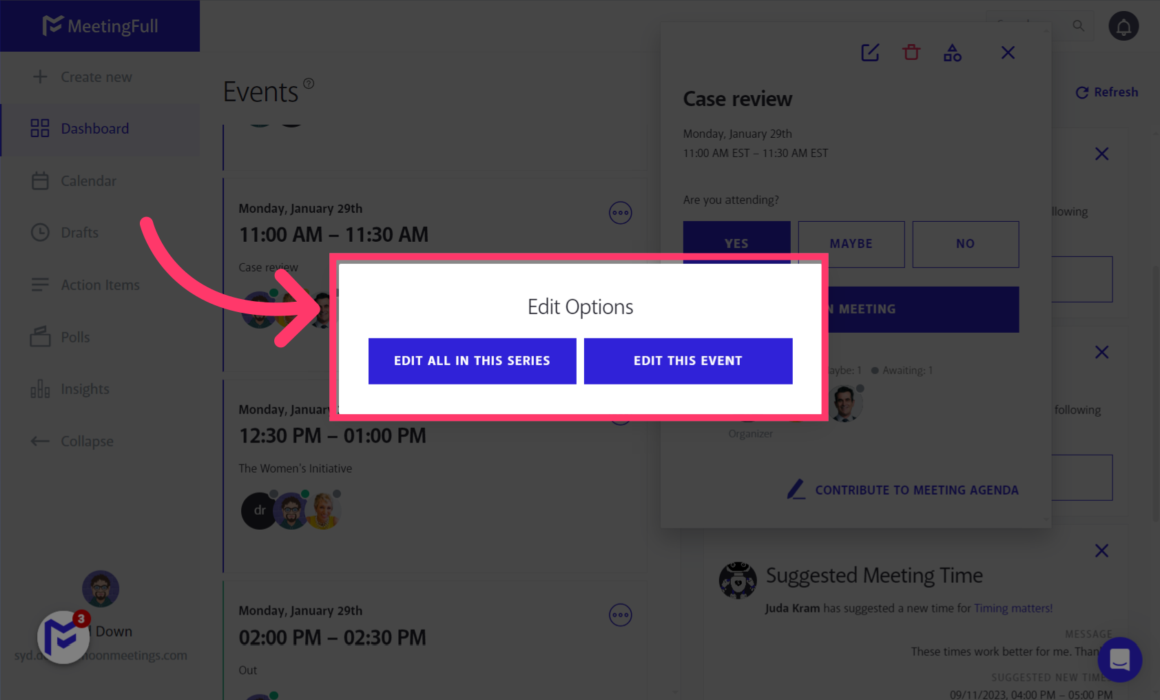 When modifying a Recurring Meeting, you have the option to either edit the entire series or just a single event.
