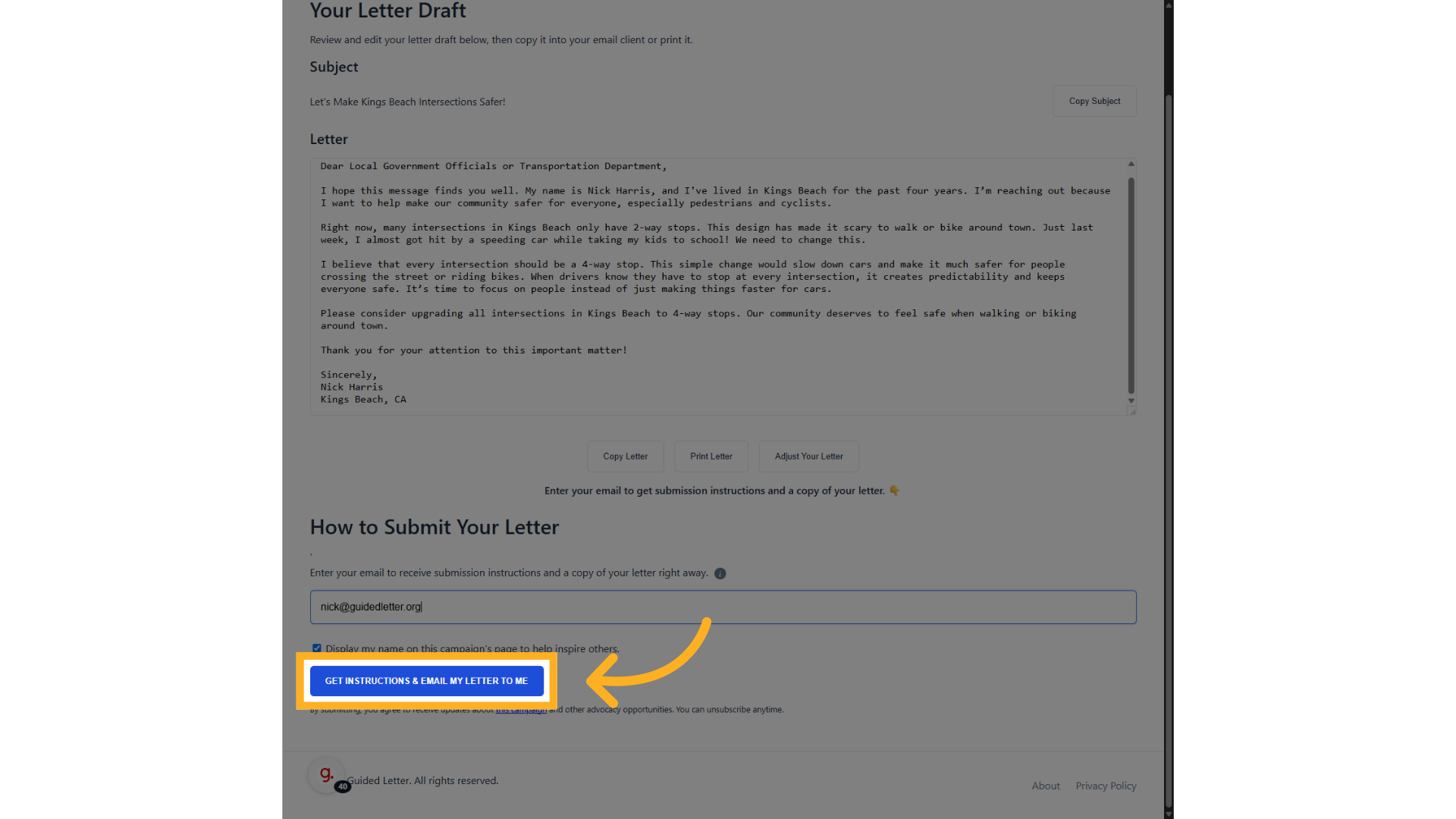 Click 'Get Instructions & Email My Letter to Me'