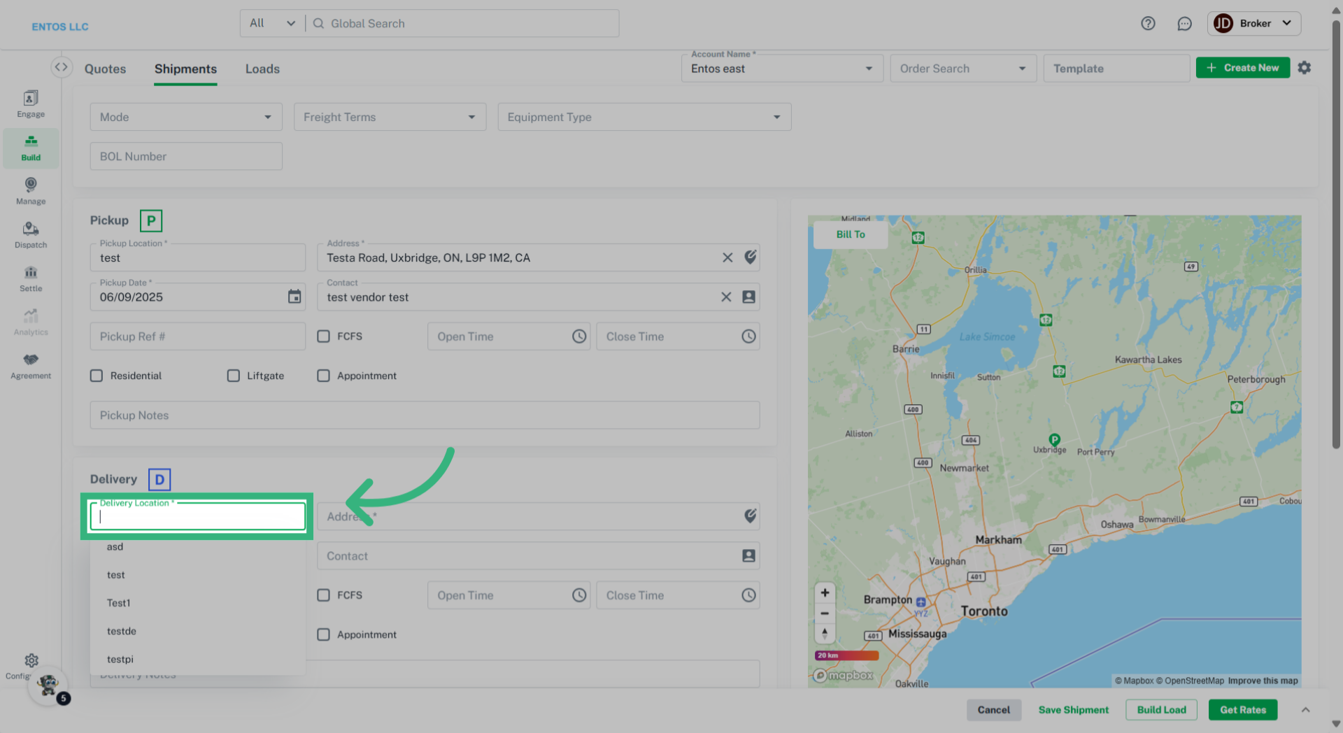 Enter 'Delivery Location'