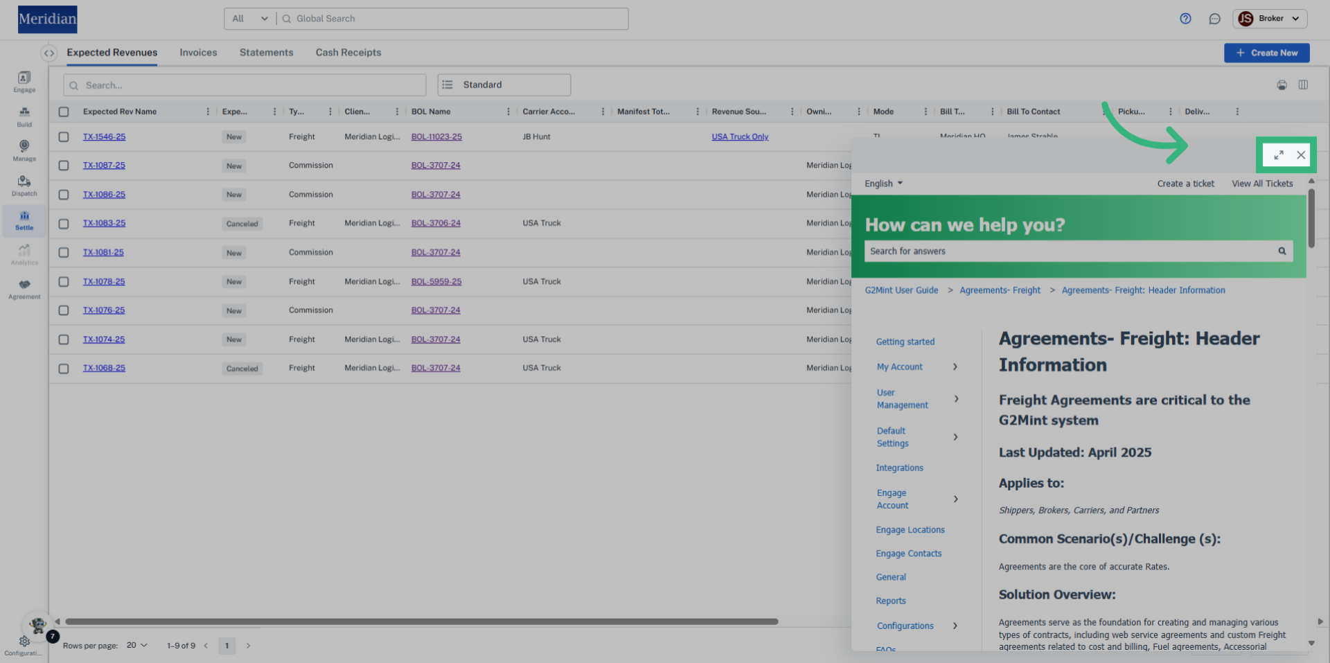 Click on the arrows to expend the pop-out, or on the 'x' icon to close the Knowledge Base