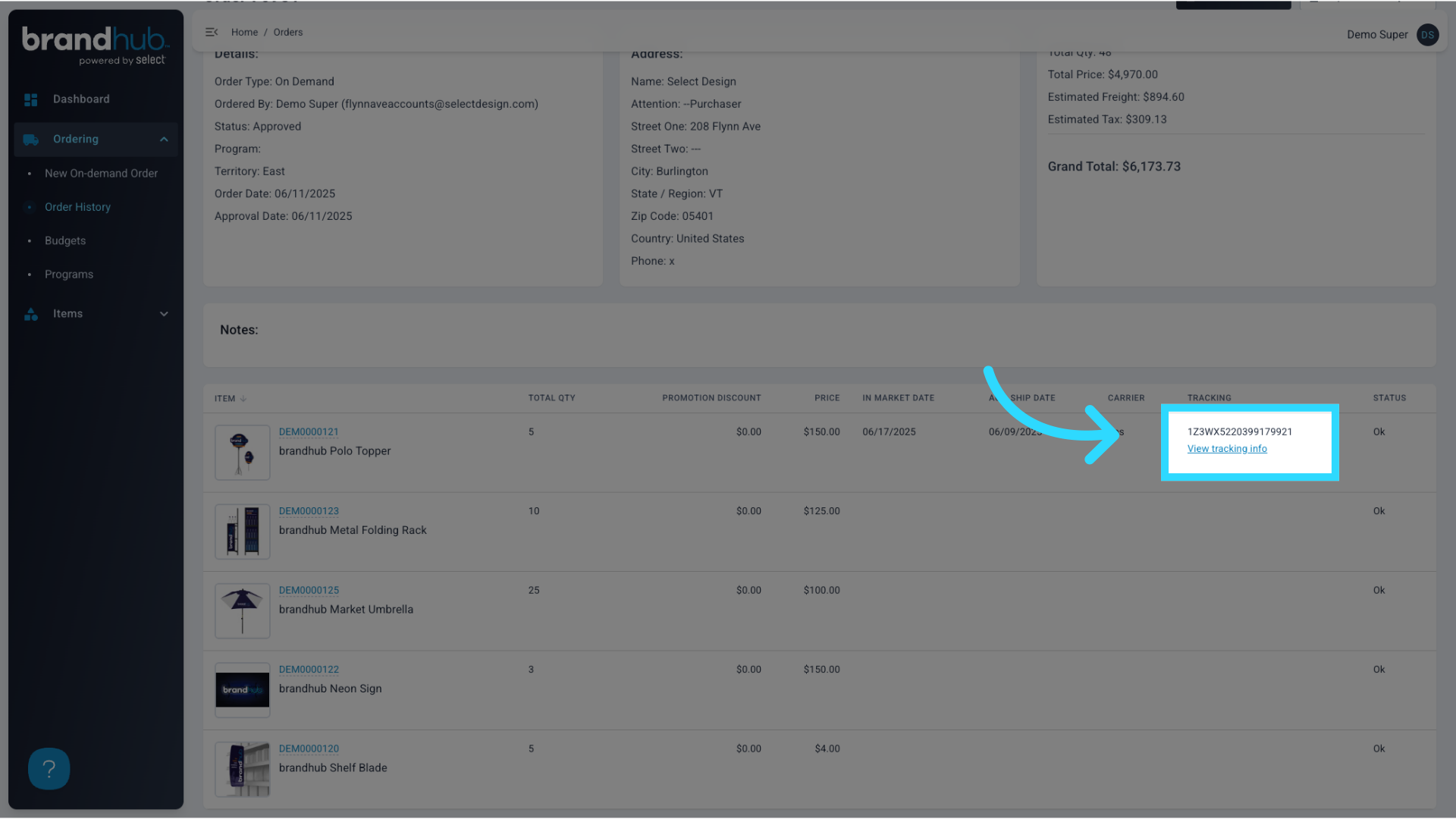 Click 'View tracking info' to open the tracking modal