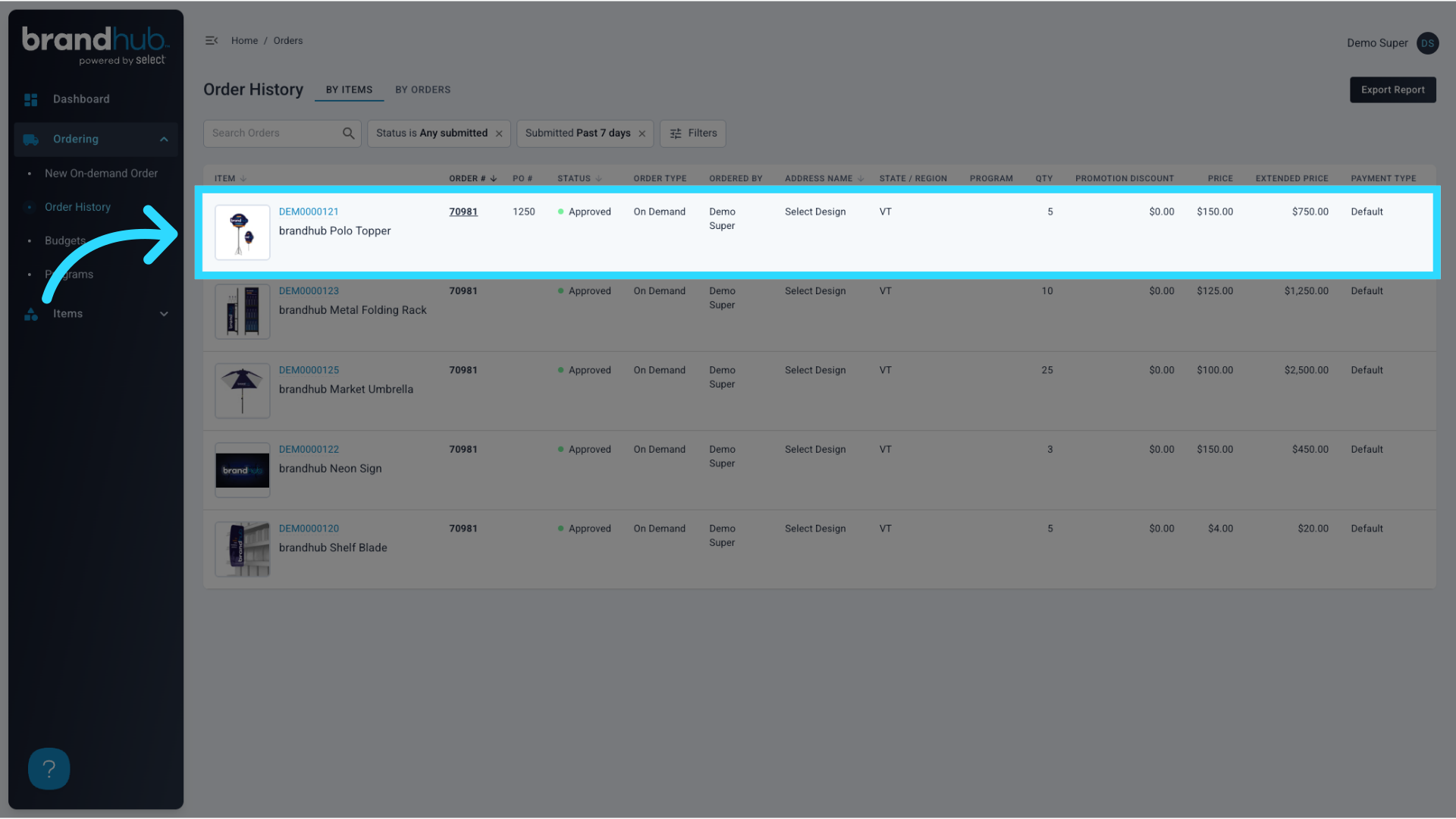 Click on an Item or Order to drill down into the order summary