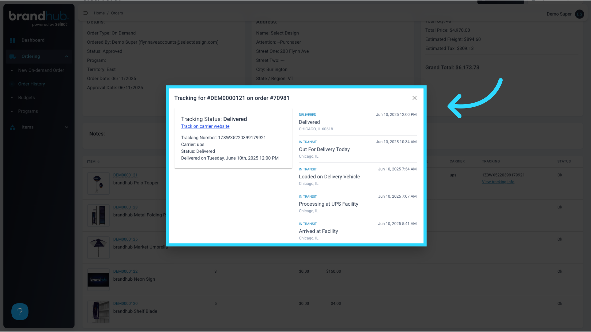 UPS and FedEx Tracking is integrated with our modal, allowing for immediately available small parcel tracking