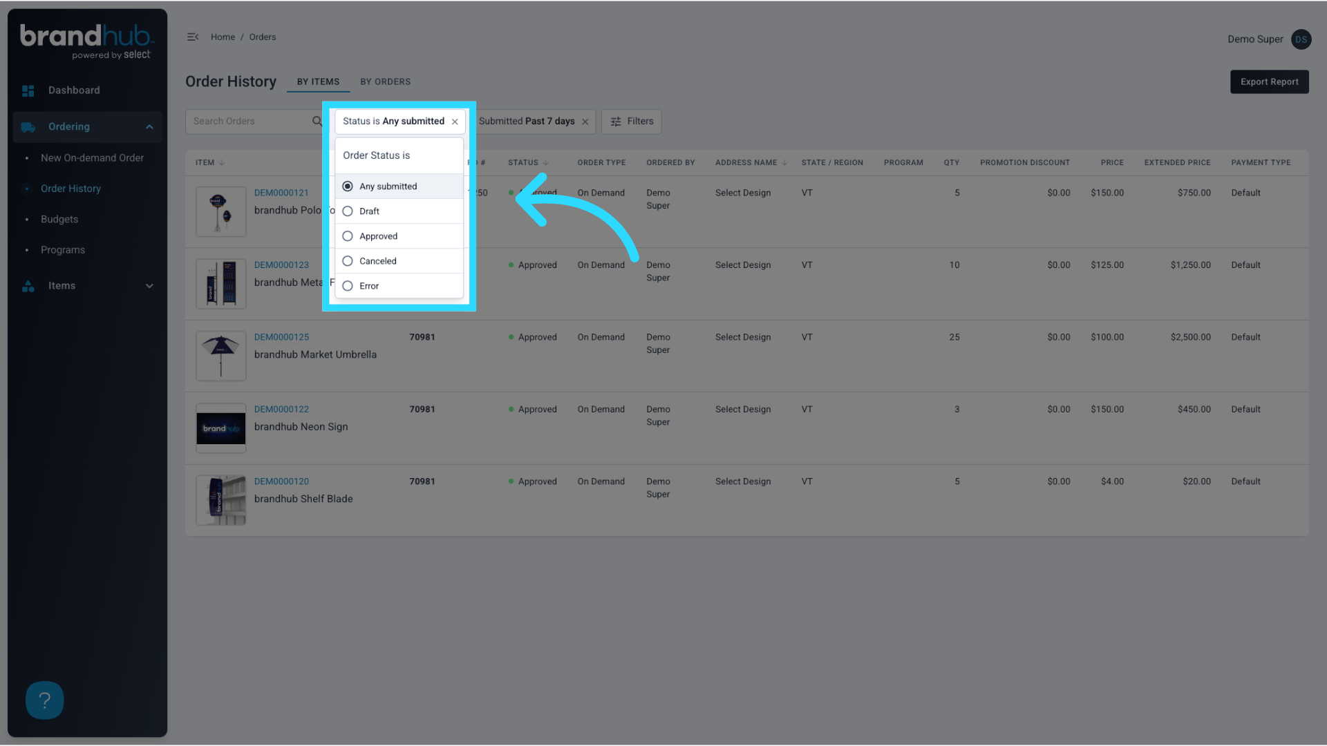 Filter by Order Status