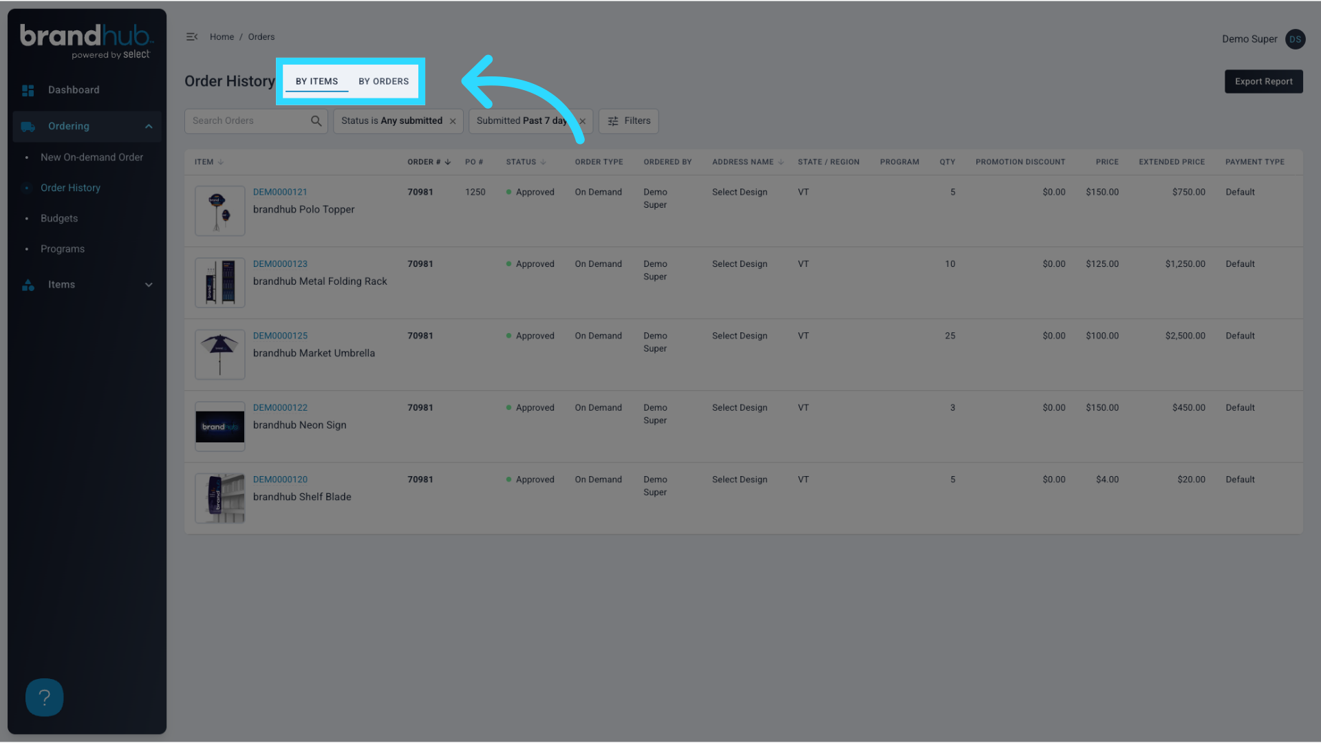 You can view Order History by Items or by Orders