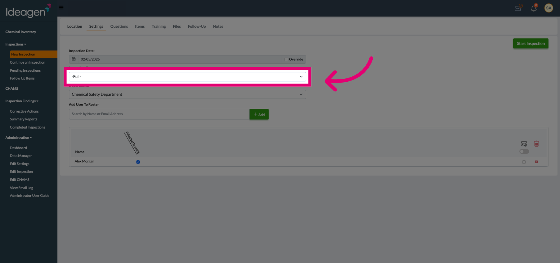 Open Inspection Template Dropdown