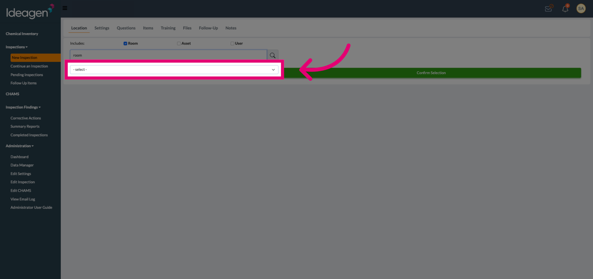 Open Inspection Selection Dropdown